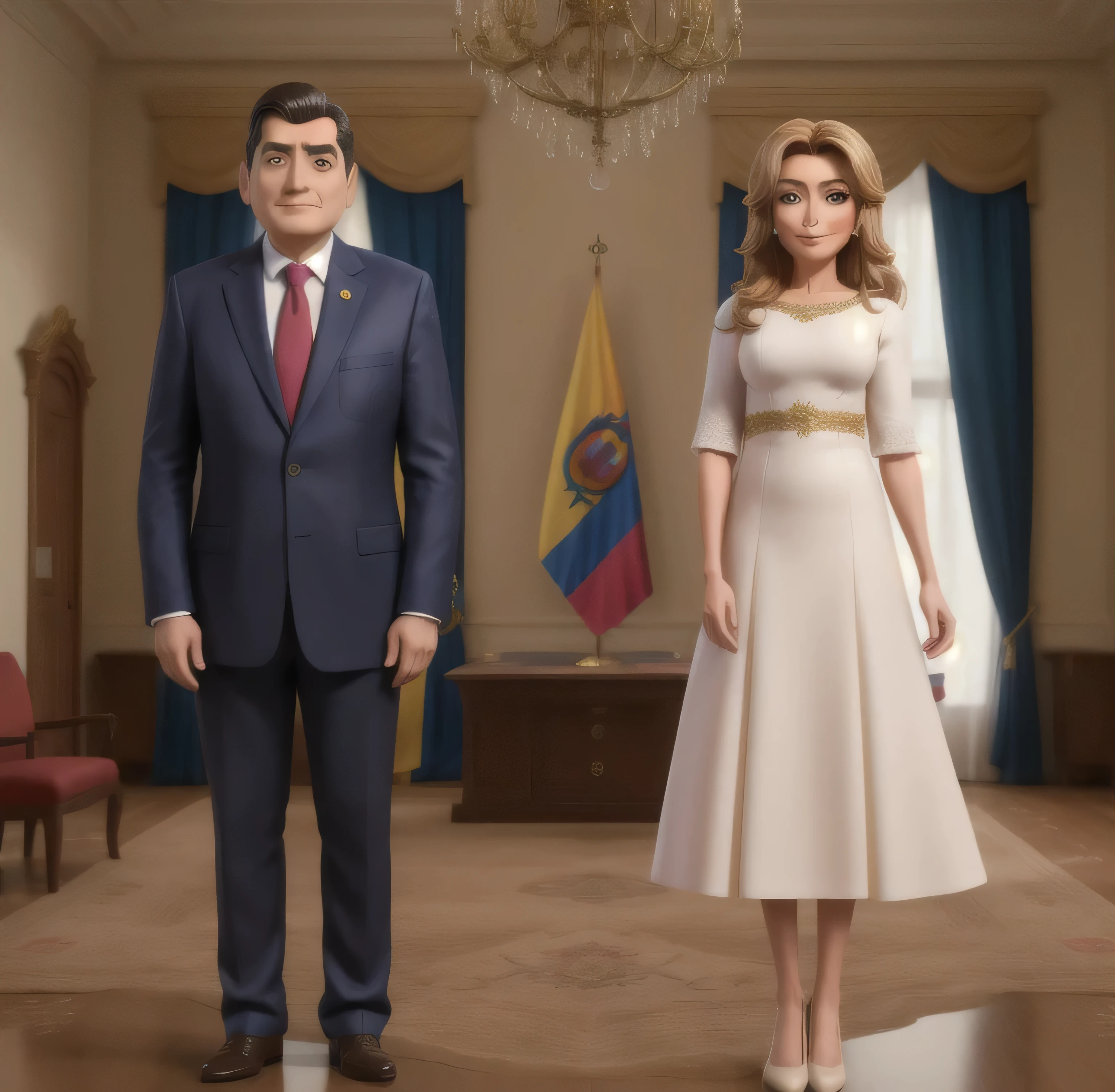 President of Ecuador Super realistic Detailed HD Pixar style stands with the first lady of Ecuador full body 8k
