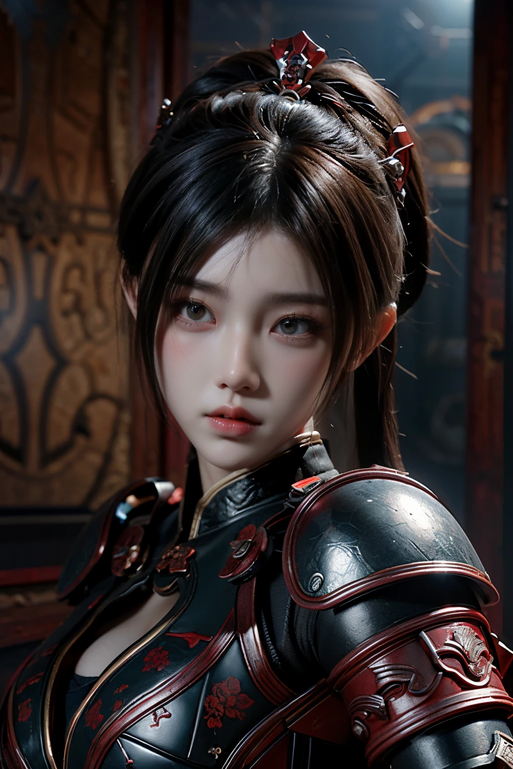 Masterpiece,Game art,The best picture quality,Highest resolution,8K,(Portrait),Unreal Engine 5 rendering works,(Digital Photography),
Girl,Beautiful pupil,(Gradual short hair is blue and red),Busty,(Big breasts),(Portrait photography:1.5),
(A chivalrous woman in Tang Dynasty),Casual hairstyle,Delicate faces,(Full breasts,Big breasts),Serious,Cool and elegant,(Wearing combat armor combined with the characteristics of ancient Chinese clothing,A complex pattern,Mysterious light,Hollow Armor),(Red and black),Ancient fantasy style characters
Movie lights，Ray tracing，Game CG，((3D Unreal Engine))，oc render reflection texture