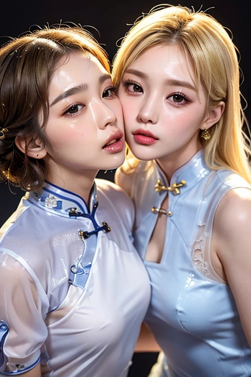 ((blank background)),(((Two girls in cheongsam))),(One of them is a 22-year-old Korean KPOP idol，blonde short hair.),(One is an 18-year-old Japanese long-haired photo idol，plump figure.),(There are stains on the face:1.3),Back hug,cheeks and cheeks,((They all look at the audience.)),small areola,open mouth,Narrow your eyes,kiss,from above,(((Their eyes are full of provocation))),The two are lovers,Beautiful eyes reflect light,Hair reflects light and sparkles,photo shoot