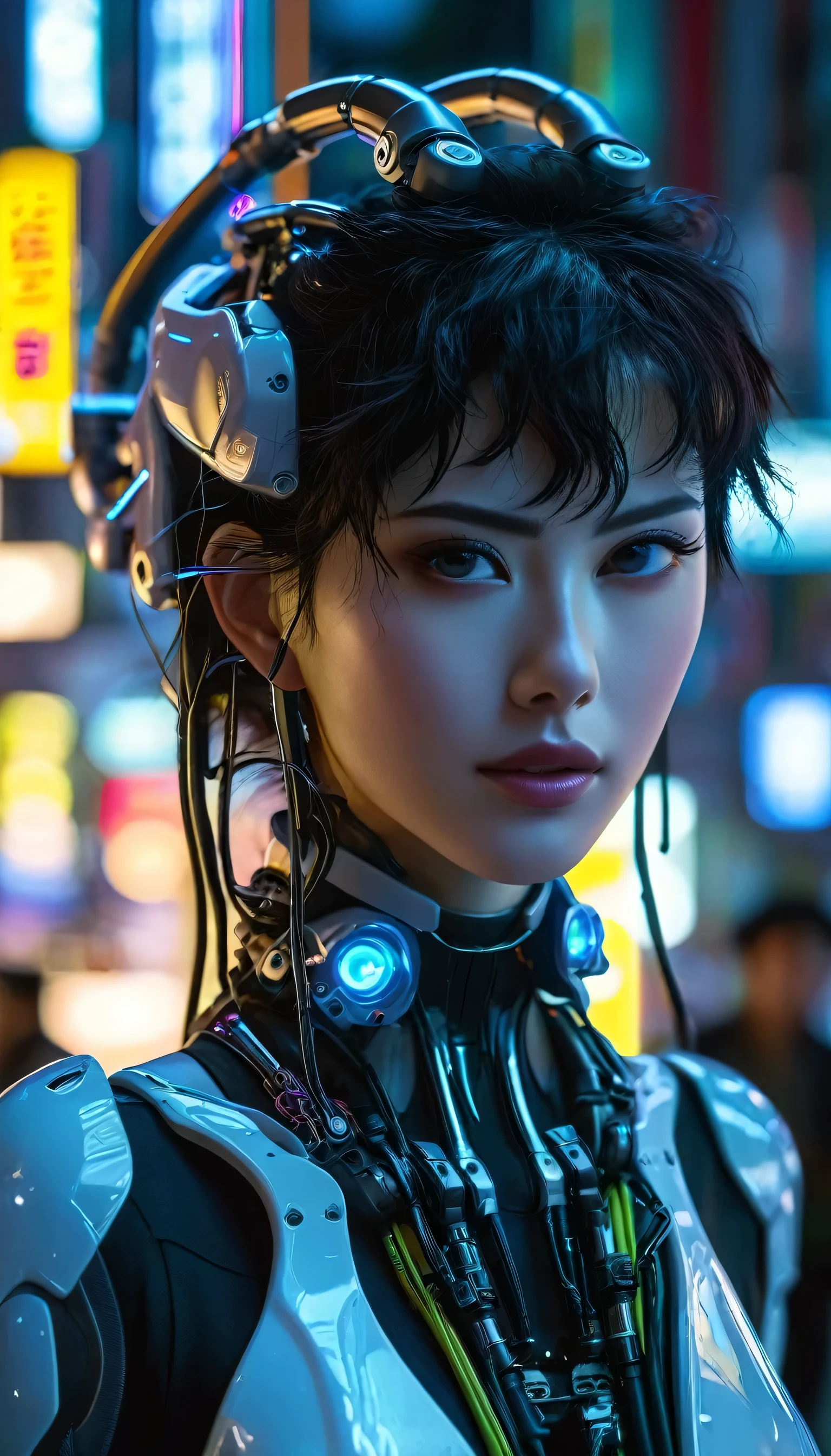 top quality, masterpiece, Ultra High 右esolution, ((lifelike: 1.4), 右aw Photo, 1 cyberpunk girl, shiny skin, (Ultra 右ealistic Details)), mechanical limbs, Tubes attached to mechanical parts, Mechanical vertebrae attached to the spine, Cervical spine mechanical fixation in the neck, Wires and cables connected to the head, Neon Genesis Evangelion, ((Ghost in the Shell)), Small glowing LED lamp, area lighting, Deep shadows, Octane 右endering, 8K, Super sharp, Metal, intricate decorative details, Baroque details, very intricate details, lifelike light, CG trends, face camera, Neon details,