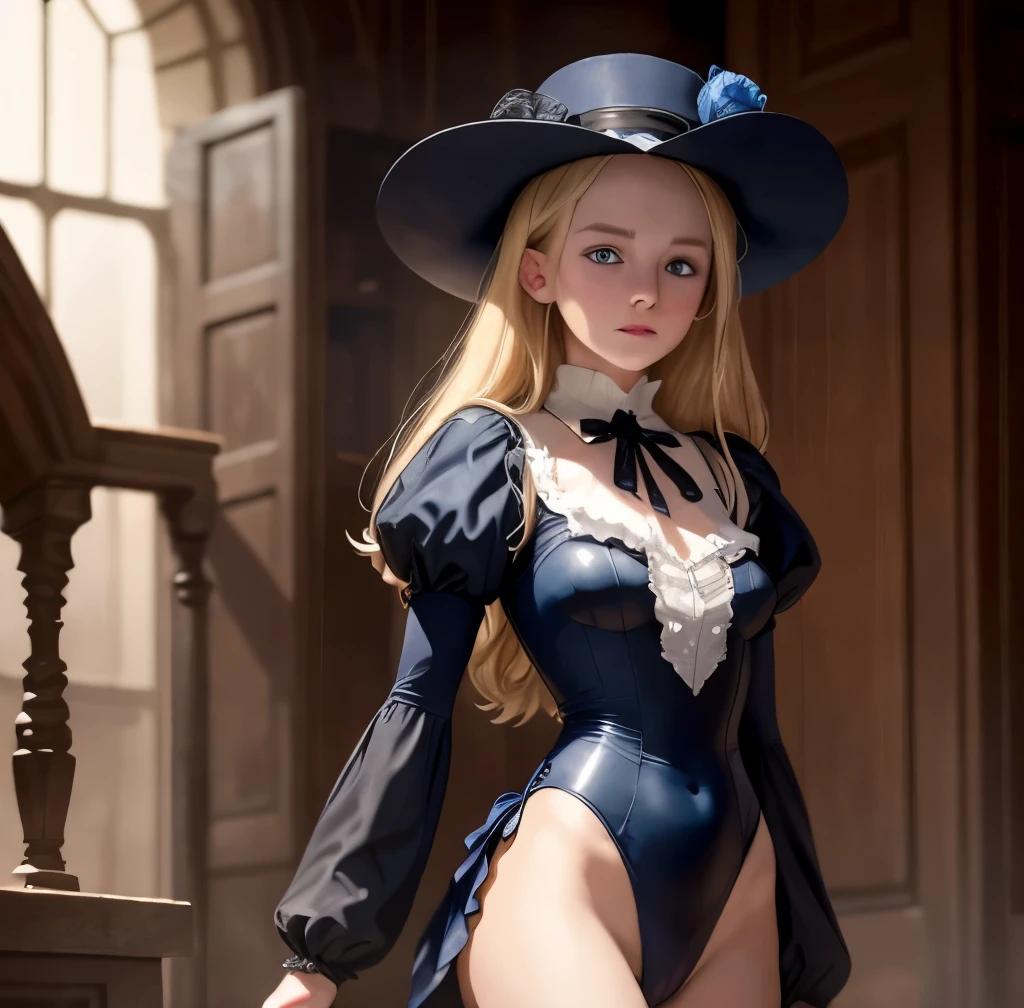 Virginia Otis, 15 years old (blonde, blue eyes), thin, cute face, Canterville Castle night walk (novel「ghost of canterville」Works inspired by). 1887, victorian dark fantasy、wearing a black high-leg swimsuit、full body portrait、Are standing、cowboy shot

