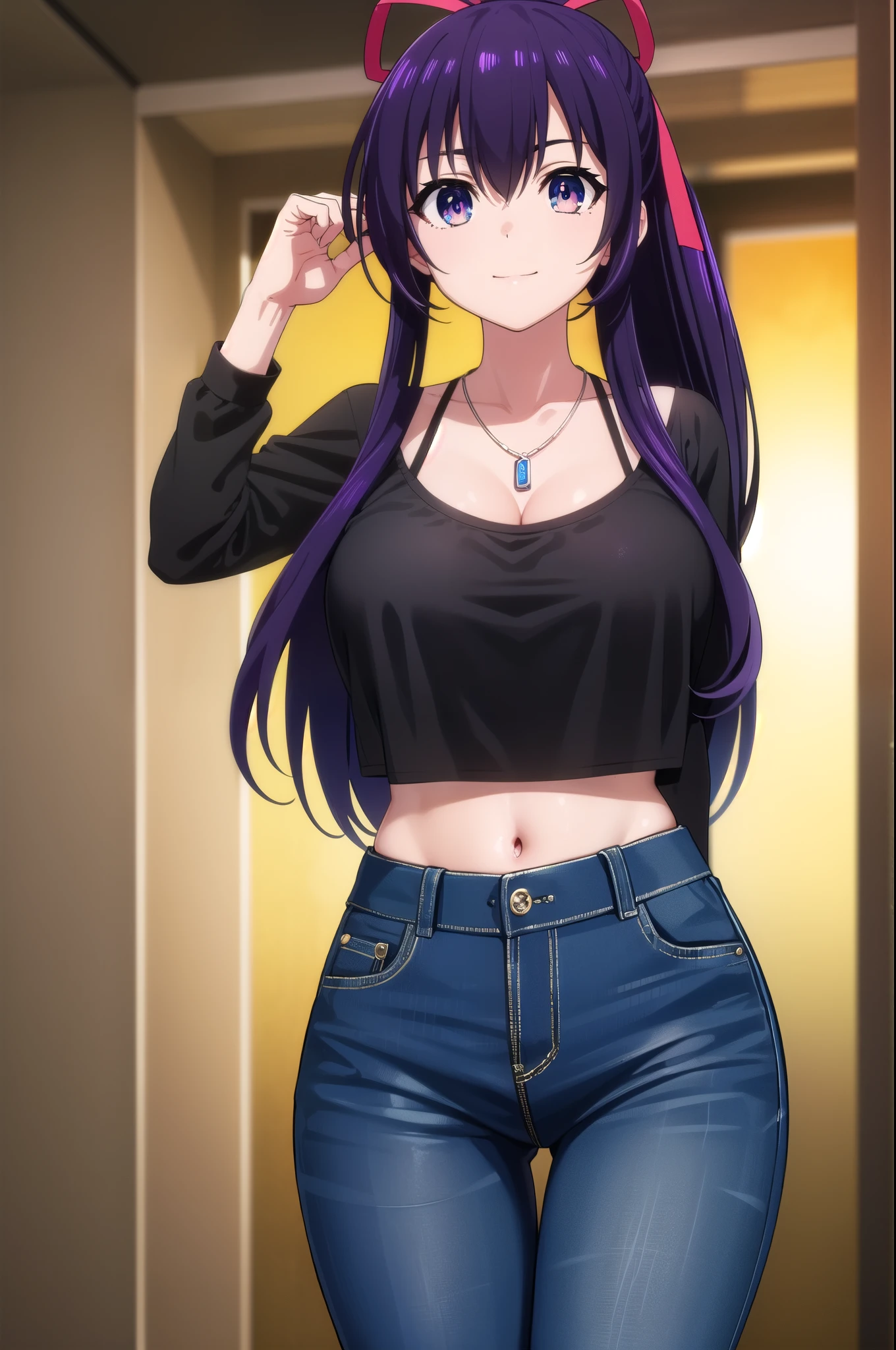 tohkayatogami, tohka yatogami casual, long hair, purple hair, alluringly smile, tight crop tops, white top, thin fabric ,see through shirt, mid rifts, long sleeves , necklace, U neck, ribbon , (purple eyes:1.1), hair ribbon, ponytail, purple hair, white ribbon,g cup breasts, plump butt, torn jeans, hand on hair, living room,
BREAK ,
BREAK outdoors, city, people, crowd, sky, clouds, sun, blue sky,
BREAK looking at viewer, (cowboy shot:1.5),
BREAK (masterpiece:1.2), best quality, high resolution, unity 8k wallpaper, (illustration:0.8), (beautiful detailed eyes:1.6), extremely detailed face, perfect lighting, extremely detailed CG, (perfect hands, perfect anatomy),