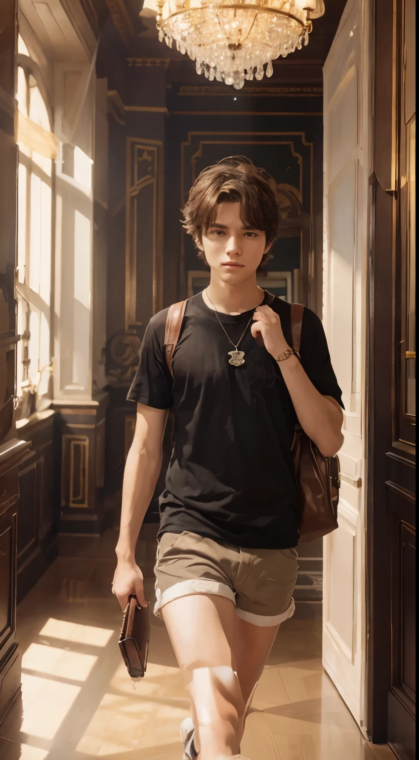 (anime illustration by Studio Ghibli),  boy walking through (fancy hotel), High-class, solo, looking at viewer, Opulent, Ornate, Magnificent, Glamorous, luxurious interior, fine art on walls, brown hair, brown eyes, black shirt, white shorts, pretty face, (creative:1.3), styled, 8k, fantasy art, (AS-Young:0.7)