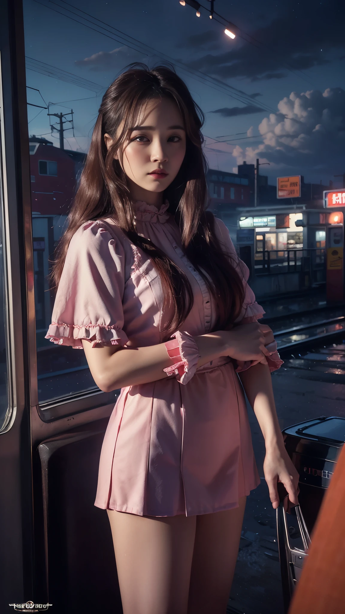magenta tint、vibrant with colors、((tmasterpiece)))、(((quality)))、((ultra - detailed))、(Surreal)、(Very detailed CG illustration）、offcial art、CD cover、It will be、midsummer、The glorious 1980s、1 Sister，ssmile、cochetti gorgeous、incomparable beauty、long whitr hair，short blouse，Superskirt、perfect angle、Perfectcomposition、corner store，(evening，trains station，trains，Cloud)，
