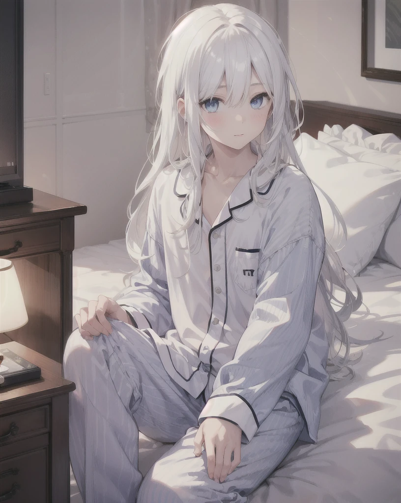young boy,man,long hair,white hair,blue eyes,pajamas,bedroom,wake up,realistic,4k,charming,very detailed,thin,