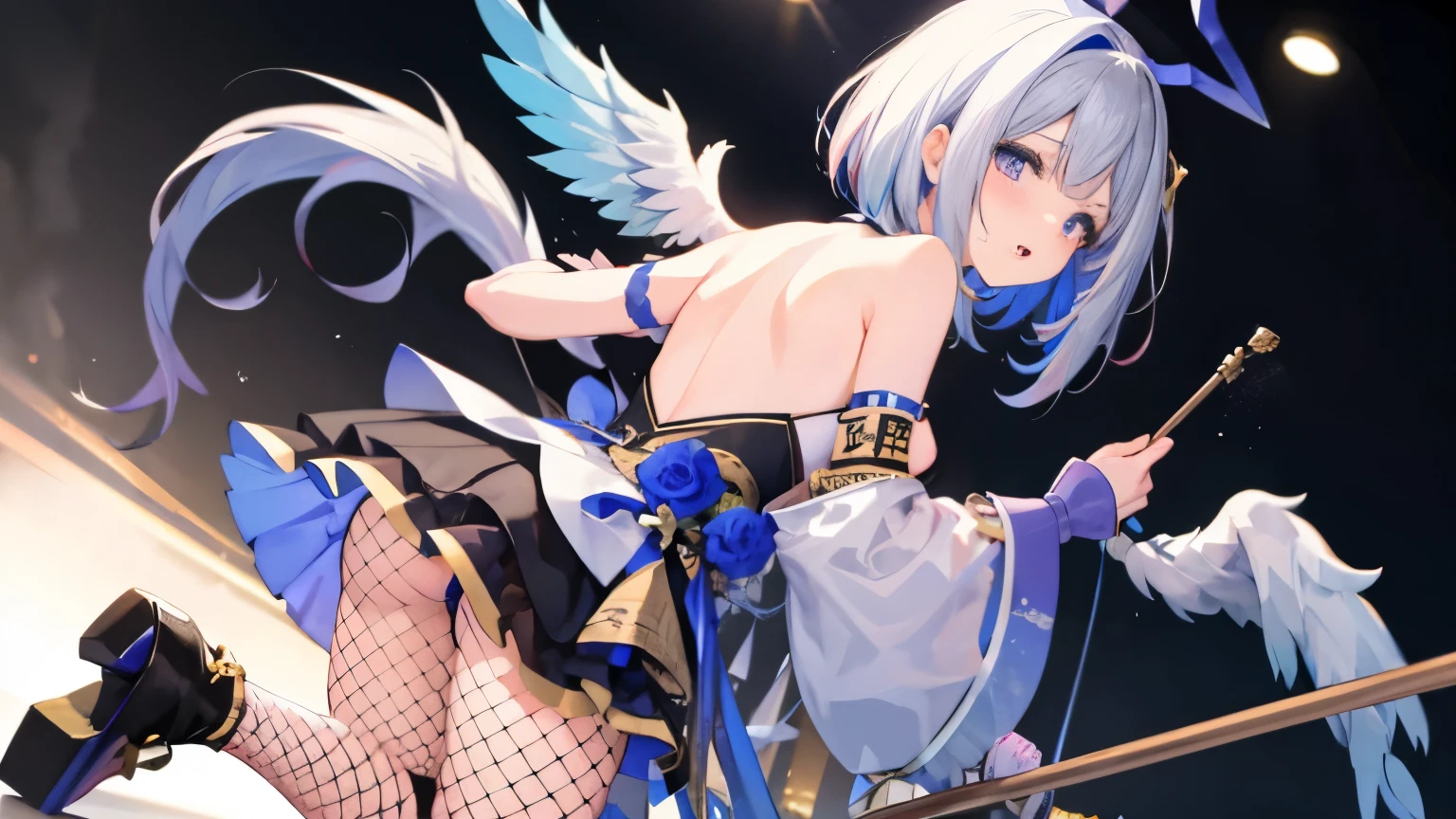 amane kanata。Angle from below。idol costume。mini skirt。inside the skirt。Pussy。Fishnet tights,is attracting attention。Live venue。flat 。Nipples visible from the side。back view。stick out your butt。show off your butt。show off your pussy。highlight on eyes。Kneeling
