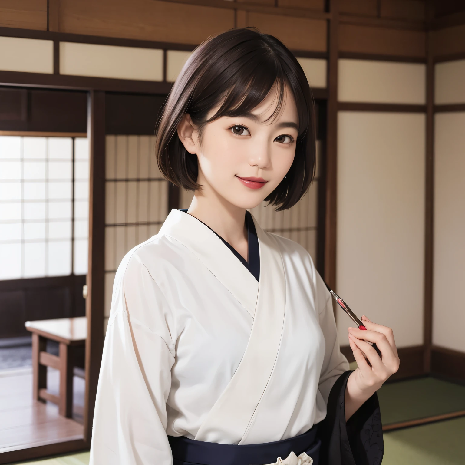 198 (snapdd00-Fp16), Japanese painting, woman, gentle smile, lipstick, short hair, Paintings by Shoen Uemura, Japanese style room, japanese architecture, Japanese garden