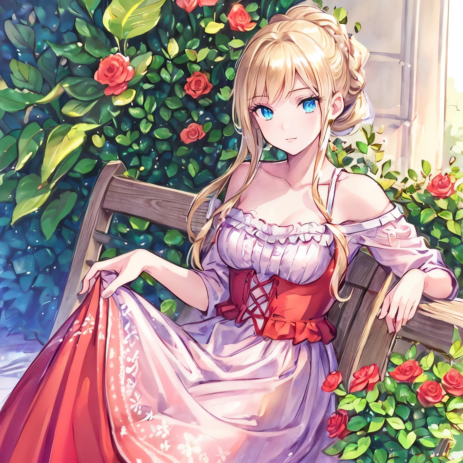 (best quality,ultra-detailed,photorealistic:1.37)alone,adult girl,A girl in a red and silver dress,Long flowing blondes hair tied up,green eye,blue eyes,Off-shoulder,long hair,long eyelashes,sparkling dress texture,detailed lips,flowers in the background,soft lighting,stunning makeup,graceful pose,vivid colors