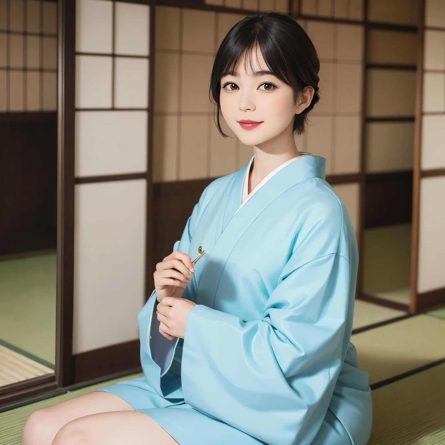 198 (snapdd00-Fp16), Japanese painting, woman, gentle smile, lipstick, short hair, Paintings by Shoen Uemura, Japanese style room, japanese architecture, Japanese garden
