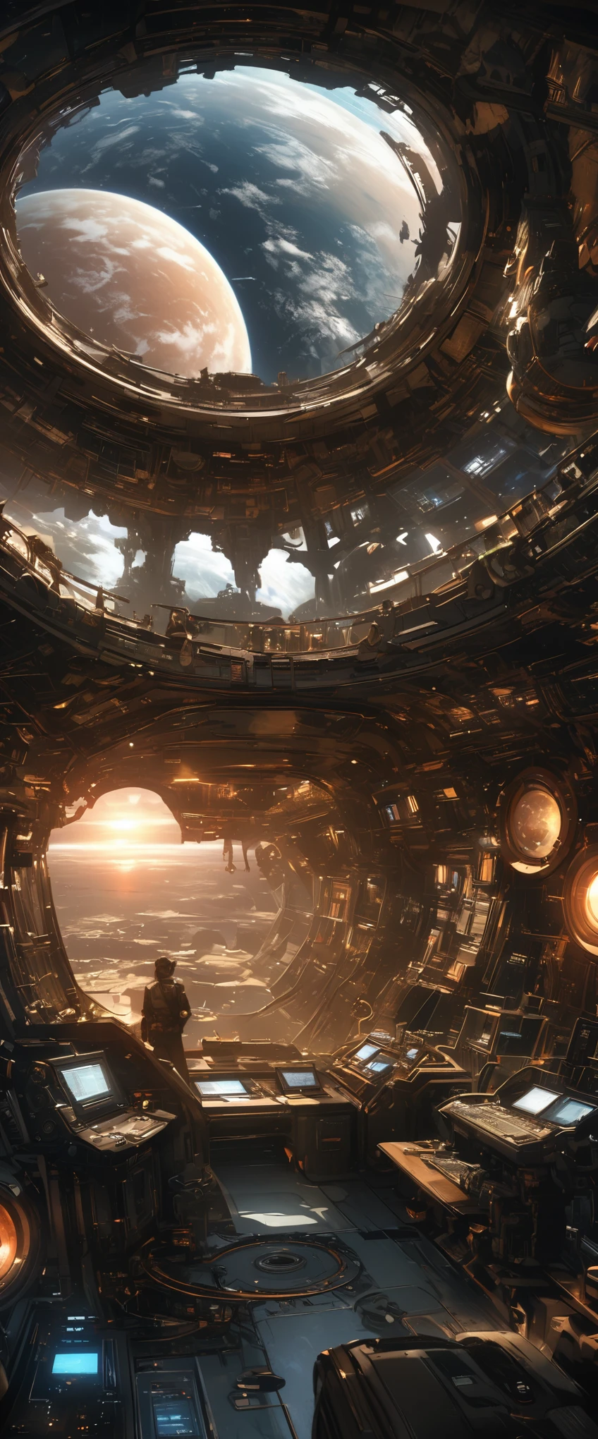 Steampunk look of spaceship. Through the window you can see the scenery of alien planets, the entire space is filled with work consoles with electronic devices and screens, Full HD