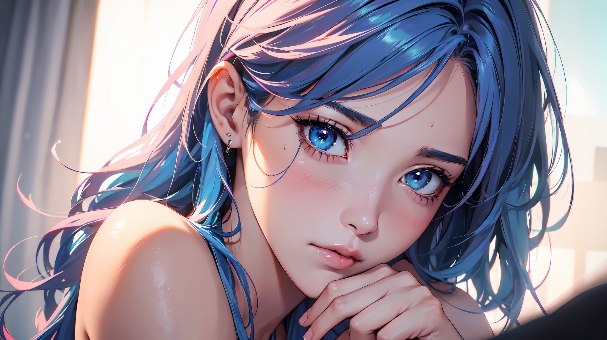 highly detailed, caustics, 8K, masterpiece, anatomically correct, award winning, highres, SFW, a woman, mature look, blue pink hair streaked blue hair, nude, full_Body, (perfect_Face), Best hair quality, Extra super detailed eyes, Detailed top eyelashes, Extra high facial detail, side_body, eye reflection, focus on eyes, high textured skin, close up, mad, dramatic lighting, lowexposure, (seems after doing something), (sweat), (tired), (heavy breathing), (light blush), (torogao), temptation