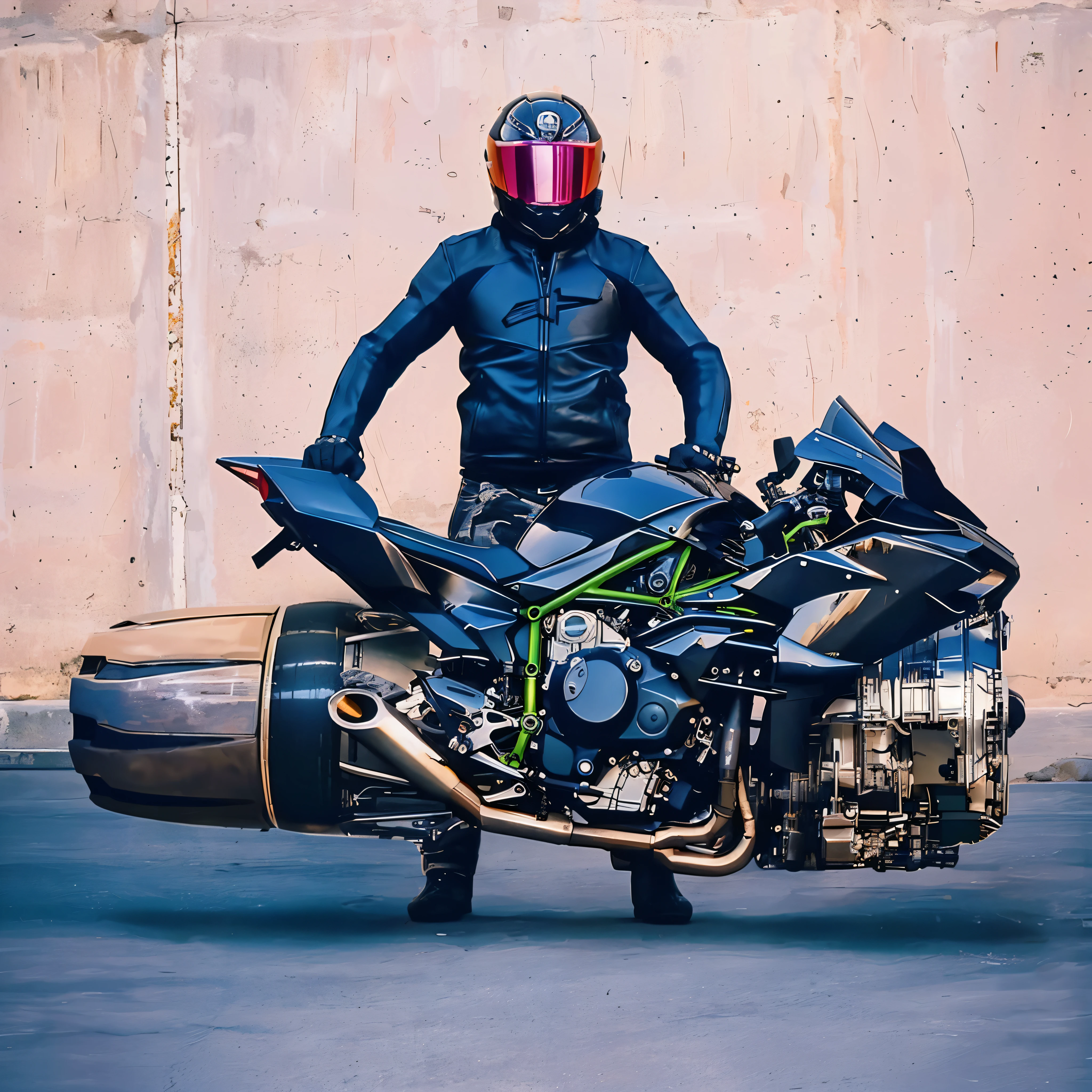 arafed man in a helmet standing next to a motorcycle, sitting on cyberpunk motorbike, futuristic motorcycle, riding a futuristic motorcycle, motorcycle, kawasaki, motorcycles, insane engine, motorbiker, sitting on a motorcycle, motorcycle concept art, with futuristic gear and helmet, badass composition, riding a motorcycle, motorbike, riding steampunk motorcycle, inspired by ken kelly, steampunk motorcycle