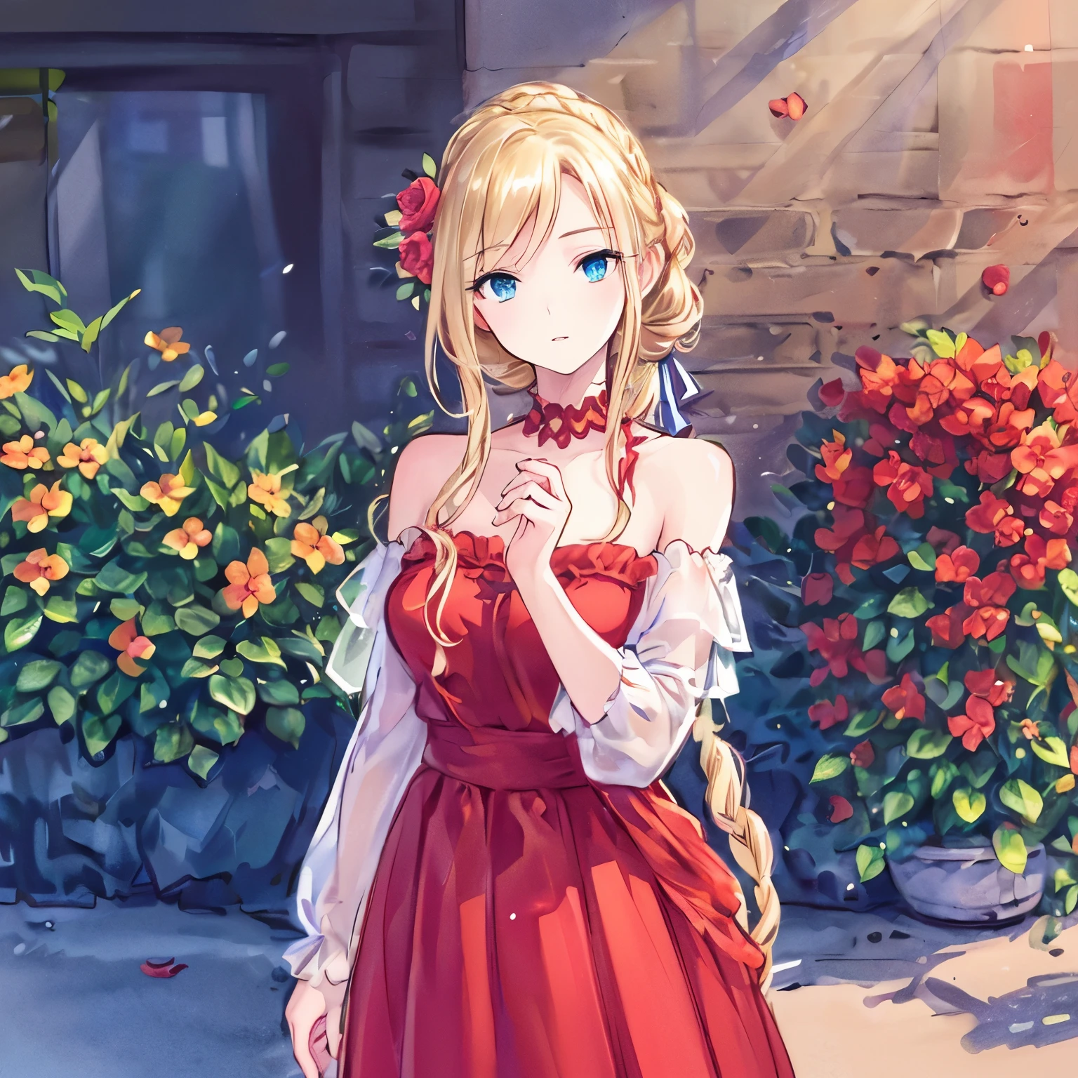 (best quality,ultra-detailed,photorealistic:1.37)alone,adult girl,A girl in a red and silver dress,Long flowing blondes hair tied up,green eye,blue eyes,Off-shoulder,long hair,long eyelashes,sparkling dress texture,detailed lips,flowers in the background,soft lighting,stunning makeup,graceful pose,vivid colors