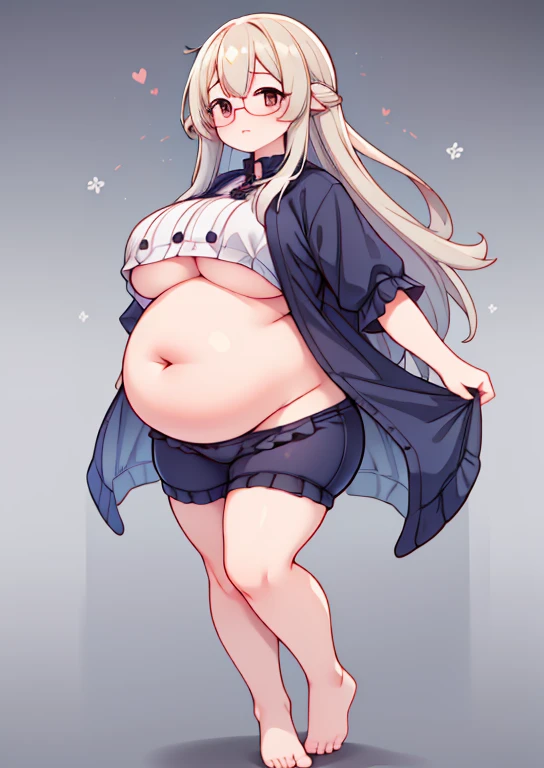 (masterpiece, best quality, highly detailed), 1girls, big belly, blurry background, huge belly, art by kipteitei, round belly, chubby, curvy, simple_background, gradient_background, belly grab, enormous belly, fat belly, thicc, bigger belly, really big belly, jiggly belly, shirt covering belly, belly cover by shirt, glasses, barefoot, (mommy), ((full body)), long hair