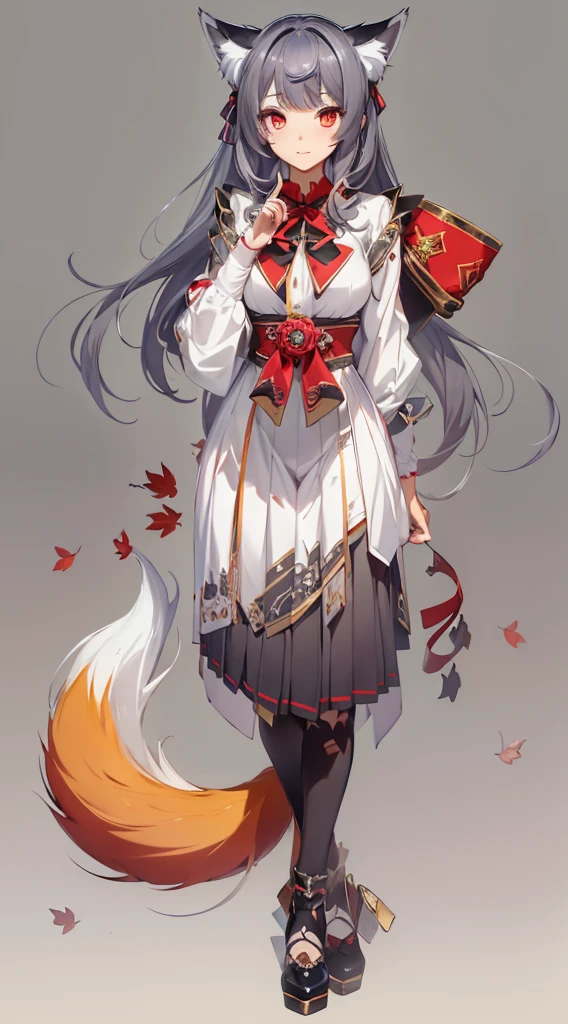 A neko woman with grey hair in a virtual YouTuber style, featuring long hair with twintails and bangs, is the centerpiece of this artwork. A section of hair falls between her eyes, creating a playful and alluring look. Adorning her head are cute and fluffy fox ears, adding a charming touch to her appearance.
Her piercing red eyes are captivating and draw the viewer into the artwork. They are full of life and depth, adding a sense of realism to the character. Completing her unique features is a long and elegant fox tail, adding an element of fantasy and intrigue.
For her clothing, she wears a white shirt with long sleeves that gracefully extend past her wrists. The shirt is adorned with a beautiful red bow, perfectly complementing the bow in her hair. A stylish black pleated skirt hangs gently from her waist, adding an elegant and feminine touch to her overall look.
The artwork that will be generated from this prompt is of the highest quality, with a "masterpiece" level of detail. The materials used in creating this artwork are of the best quality, ensuring a high-resolution, visually stunning image. Every aspect of the artwork is ultra-detailed, from the strands of hair to the intricate patterns on the clothing. The level of realism is impeccable, showcasing the artist's exceptional skill and attention to detail.
The lighting in the artwork has been carefully considered to enhance the overall atmosphere and bring the character to life. It highlights the details in the character's face and clothing, creating a sense of depth and dimension. The lighting also adds a subtle warmth to the composition, further enhancing the overall aesthetic.
The chosen art style for this prompt is a perfect blend of anime and concept artists. It captures the charm and aesthetics of both genres, resulting in a visually stunning and captivating artwork. The colors used in the artwork are vibrant and vivid, creating a visually appealing composition. The combination of bold and soft co