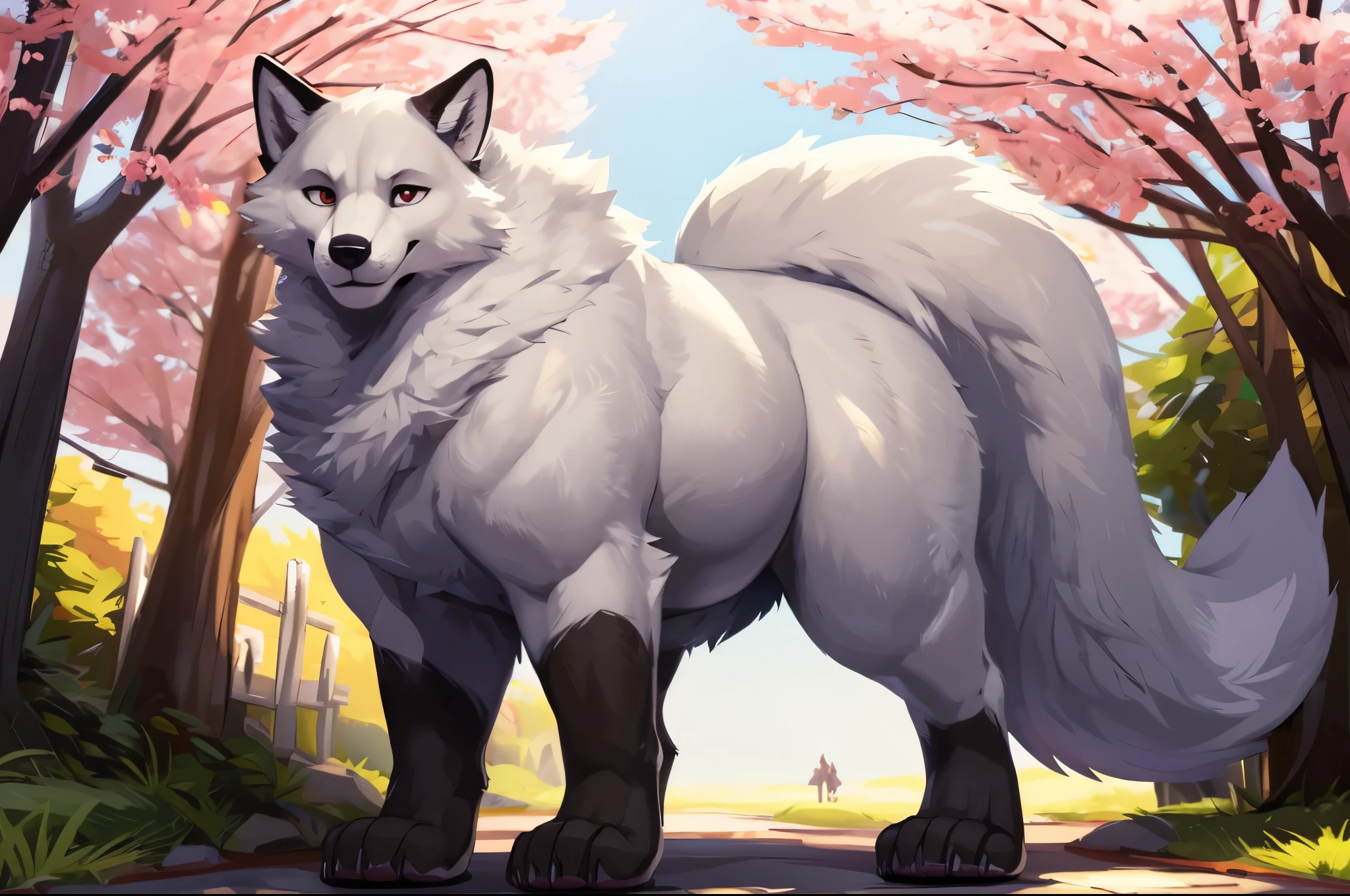 4k ultra quality, 4k full body view,(ultra high detailed body),huge fox, detailed body,by mystikfox61, by glitter trap boy,feral paws, by bebebebebe,by morethreedee, by seibear,(thick thigh),(chubby thigh),thicc thigh,thick legs,chubby legs,thicc legs,massive butt,enomorous thigh,massive thigh,massive legs,thick lower legs,wide legs,(detailed thigh),(wide thigh),fluffy belly sharp nails,((sfw)),(ultra detailed face),detailed eyes,big tail,fluffy tail,(detailed tail),enomorous tail,bigger tail,huge tail,volumetric light,muscle legs,big paws,(thick paws),fluffy paws,furry paws,enomorous paws,(animal focus), beast,standing,(bigger lower body),strong lower body,(long legs),front view,master works, super fine, 4k resolution, high quality,high picture detail,dark fantasy,illusory engine, Masterpiece,dire fox,feral belly,muscular feral,faint lighting,white fur,red ropes,sakura,shrine,cute face,macro,giga