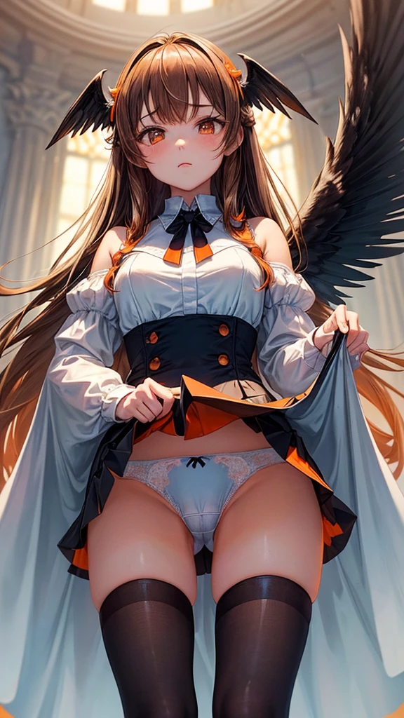 (masterpiece, highest quality), one girl, showing off panties,  white panties, cameltoe, (((lift the skirt by self))), from below, standing, look of contempt, (((a pair of black wings))), several tiny ghosts, ((orange and brown gradient dress)), (in castle), ((light blue long hair)), 