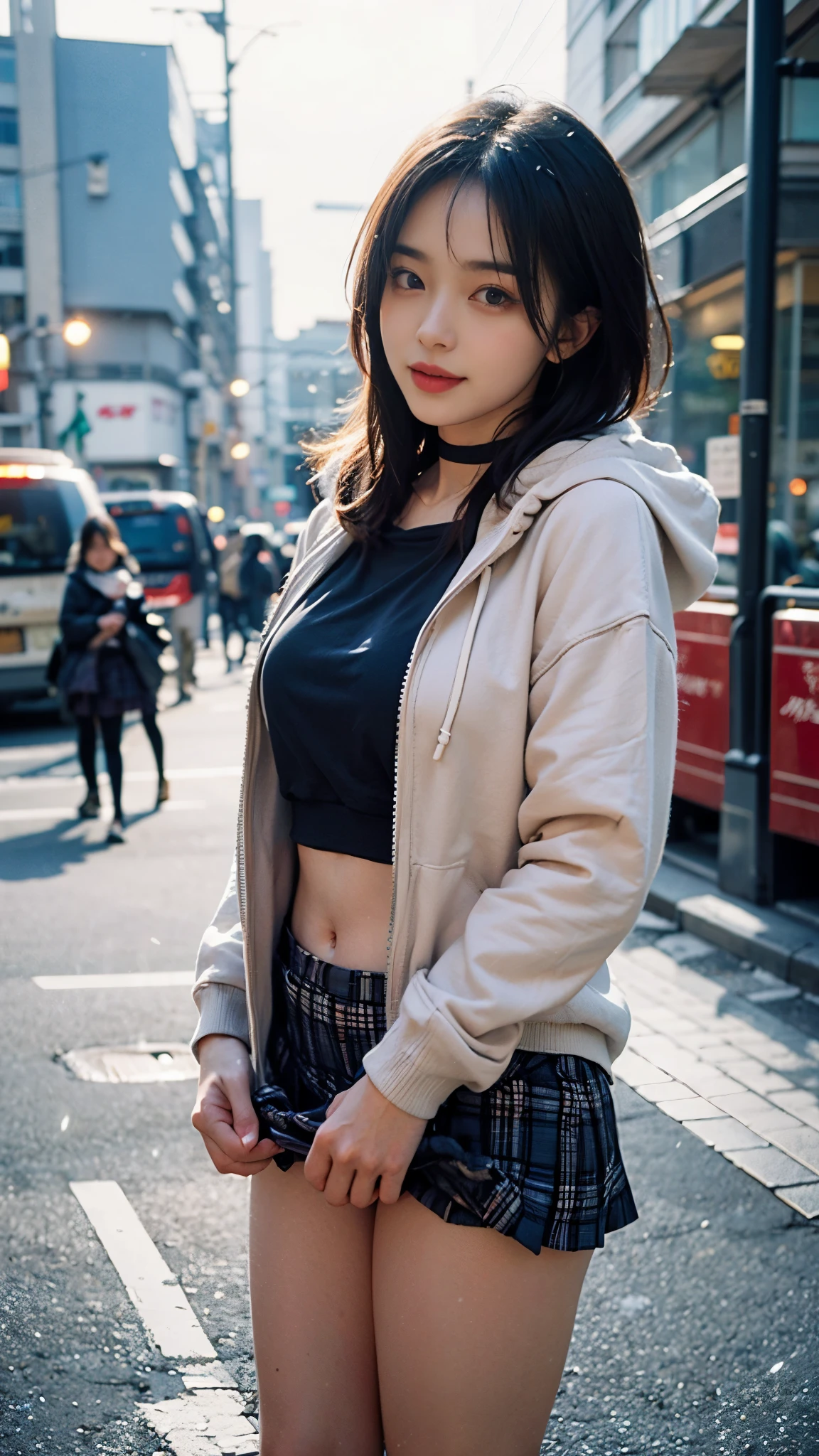 ((8K)),Film photography, 1 girl, (hoody:1.2), (short skirt), upper legs, navel,choker necklace, ear nipple ring, Seductive smile, middlebreast, Full body lesbian, drunk blush:1.5, Black shoulder length wavy hair, serene, chill out, (Realistic and detailed eyes, Natural skin texture, Realistic face details), Soft dramatic lighting, depth of fields, bokeh, vibrant detail, meticuloso, hyper realisitc,20yr old, ((Lift up your skirt yourself)), (skirt lift), (pantiess , panty focus), The face is red, Open your lips, view the viewer ,(Clear eyes,Clear nose,Clear lips,Fair skin),Semi-body shot , Wear a hooded jacket ,(Tokyo streets ,Falling snow),