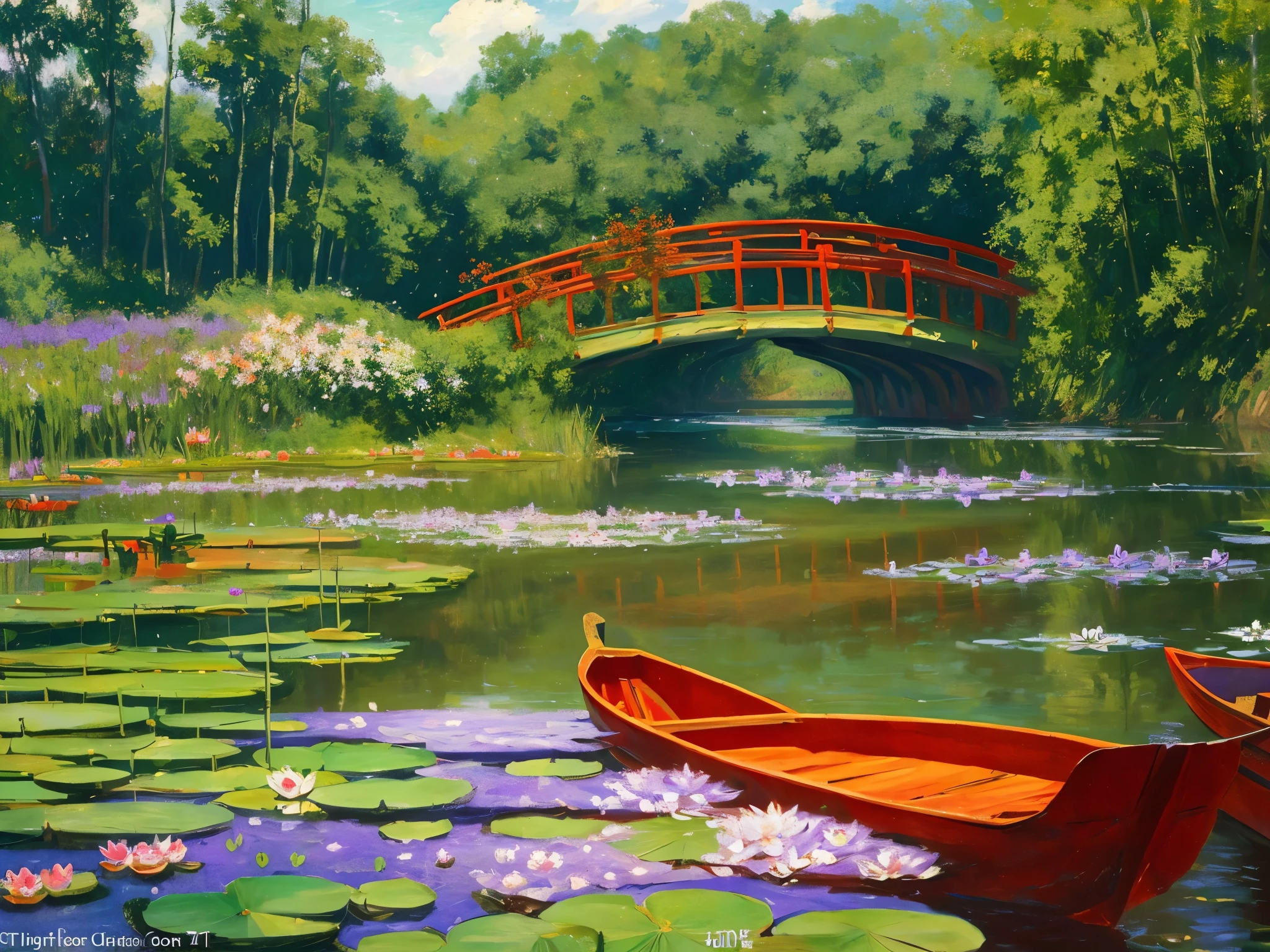Make me a large painting, by an impressionist painter inspired by Claude Monet's work . without humans or animals. Dominant colors green and purple and some predominantly white water lilies. Red Japanese bridge crossing the landscapeboat with oar and hut on the shore.