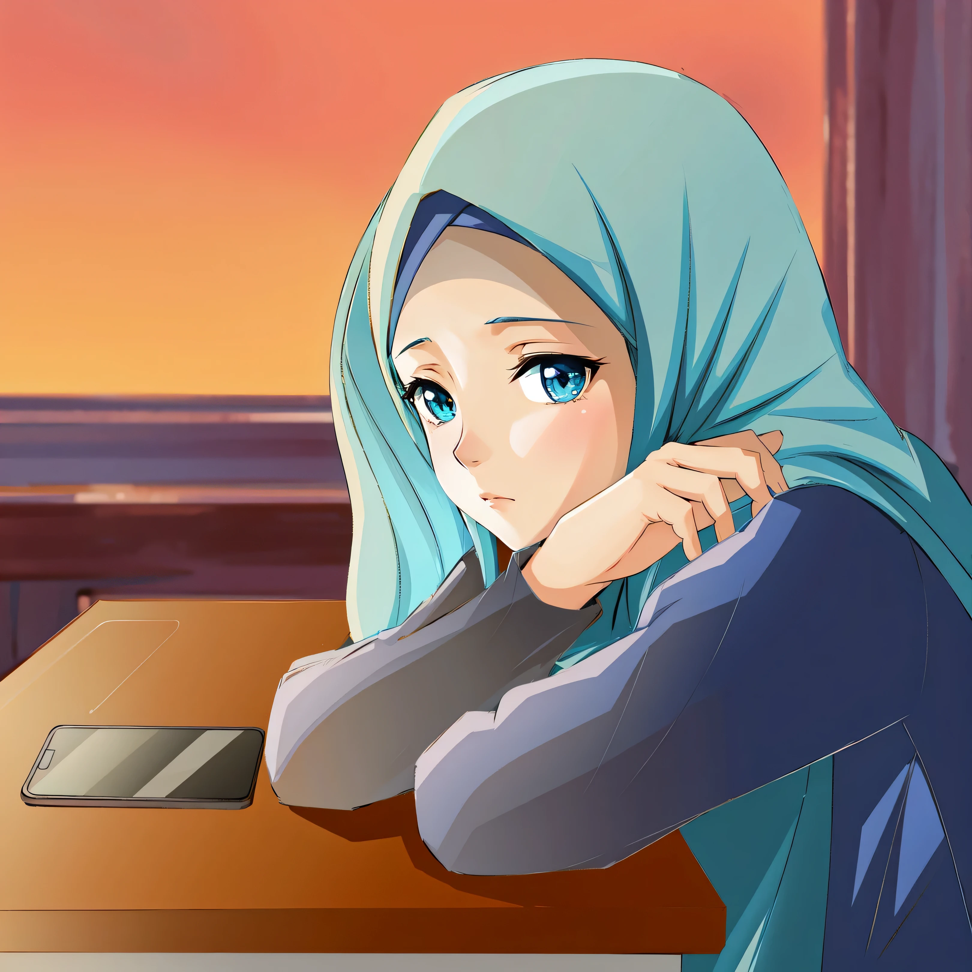 anime girl with blue hair and a blue scarf sitting at a table, sad expression, she has a distant expression, bored expression, with a sad expression, digital anime illustration, thoughtful expression, inspired by Fathi Hassan, inspired by Nazmi Ziya Güran, wistful expression, in anime style, sad scene, in an anime style, thoughtful pose, sadness look