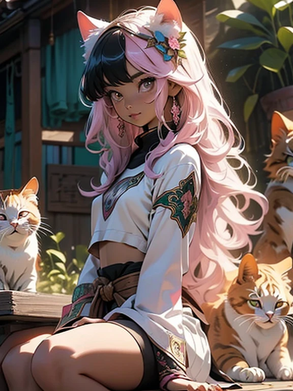 a young girl with long pink hair in a black hood and cats ears, 1girl, solo, hood, pink hair, skirt, long hair, socks, looking at viewer, white skirt, long sleeves, pleated skirt, hair ornament, black socks, bangs, closed mouth, animal ears, pink eyes, pink nails, animal hood, hoodie, black hoodie, ((small breasts, flat stomach, baby face)), (intense colors), 64k, award winning illustration, realistic light, ultra-detailed, high quality concept art, trending art on Artstation, Chinese ink painting, inspired by Daiqing Tana and Haya, inspired by SaDingDing, inspired by Otyken, inspired by Cave of 1,000 Buddhas and Taoist mythology, inspired by Alphonse Mucha style with art nouveau elements.