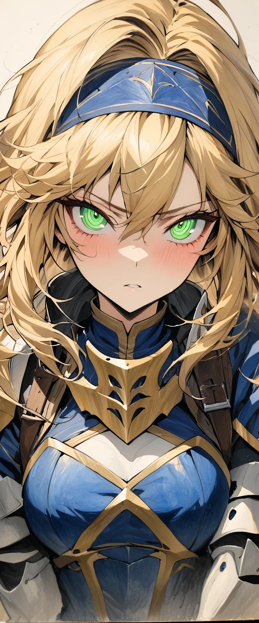 (masterpiece:1.2), (Ridiculous), (Detailed face),(delicate eyes), (best quality) (traditional media:1.2) , (White background), Upper body, (Poker face), Artoria_Pendragon_(destiny), Know, armor, blonde hair, handguard, green eyes, Headbands, armored dress, ahog, blue dress,