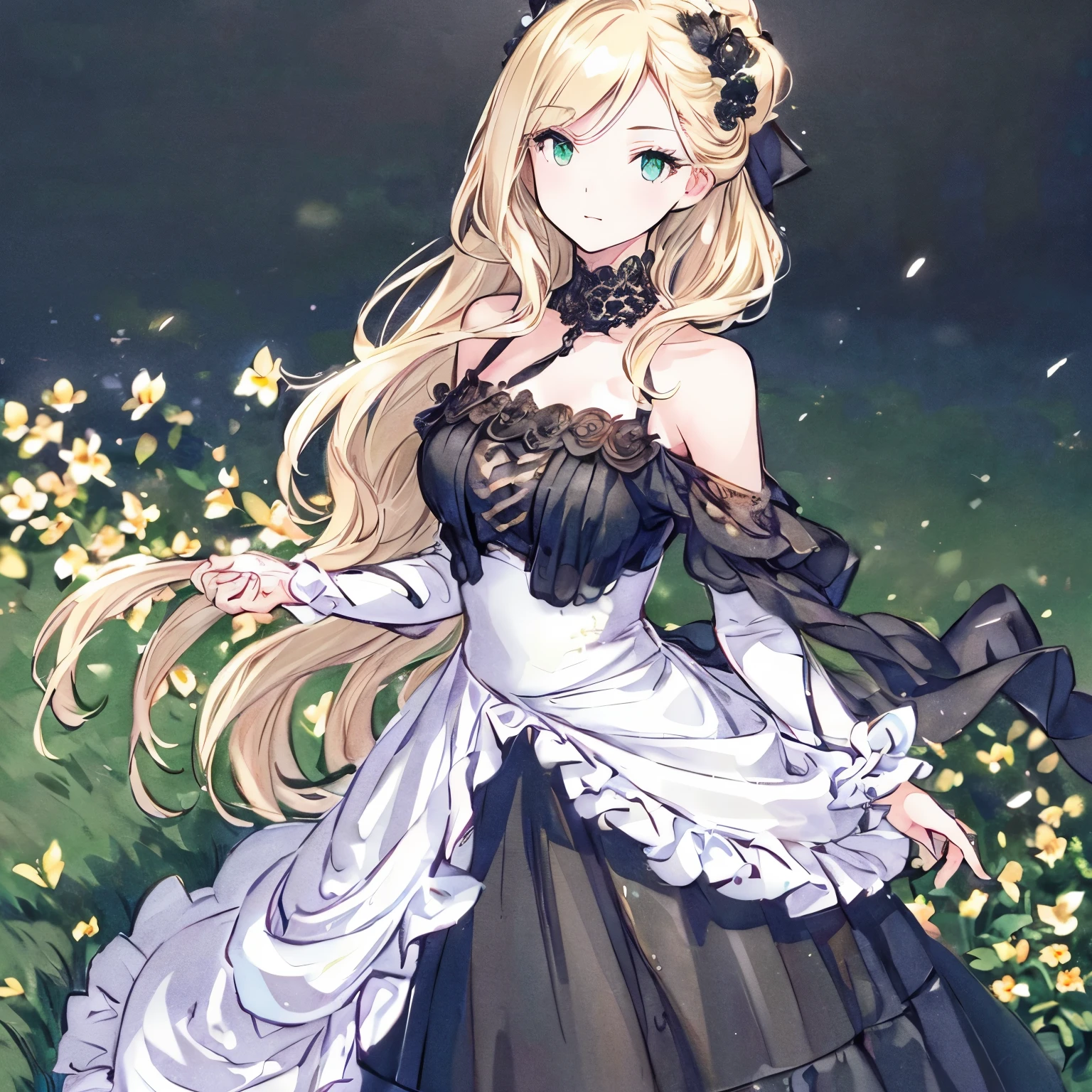 (best quality,ultra-detailed,photorealistic:1.37)alone,adult girl,A girl in a black and white dress,Long flowing blondes hair tied up,green eye,Off-shoulder,long hair,long eyelashes,sparkling dress texture,detailed lips,flowers in the background,soft lighting,stunning makeup,graceful pose,vivid colors