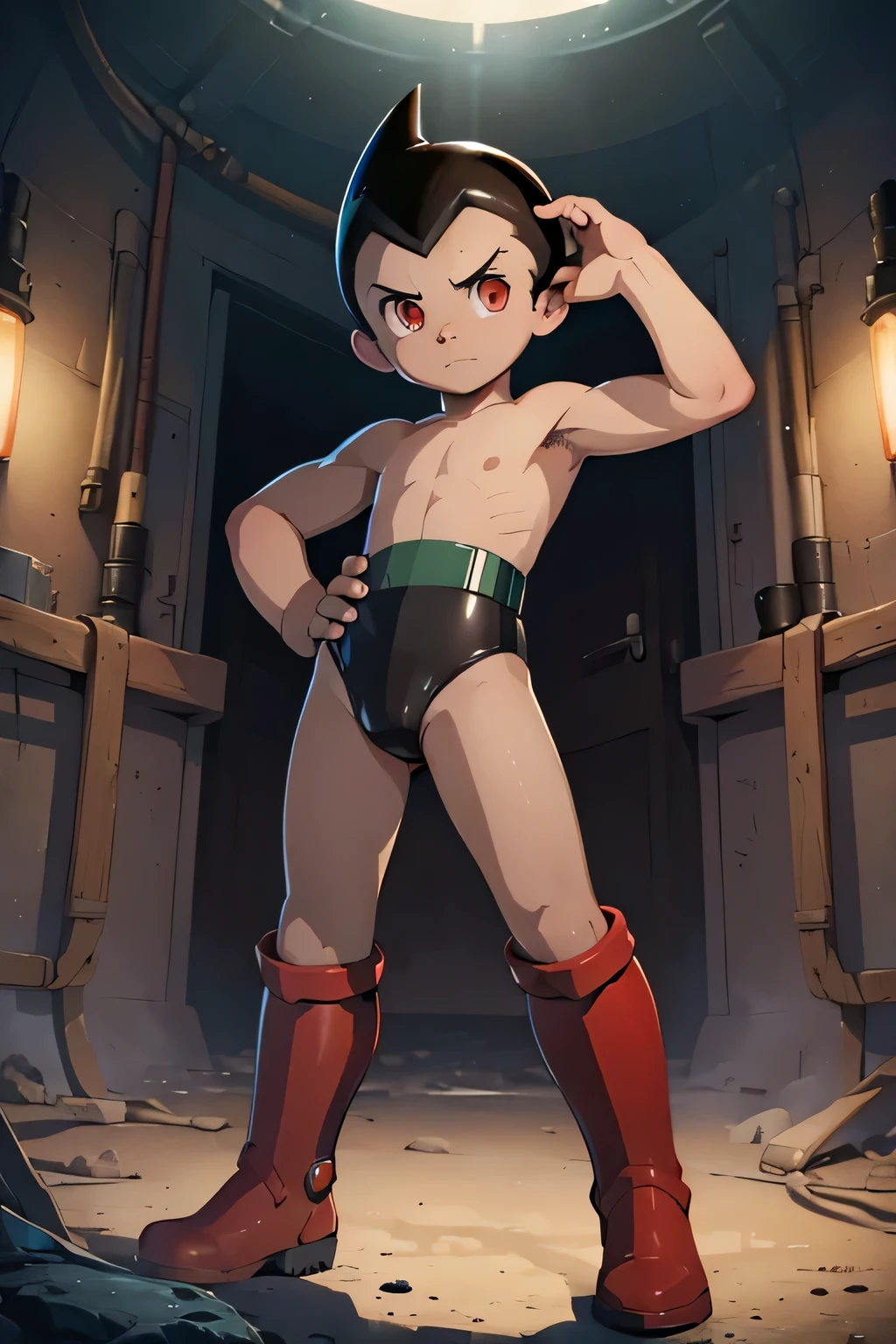 (high-quality:1.2),(masterpiece:1.2),detailed, 1boy, solo, (((shota))), naked, perfect face, black hair, red boots, astro boy, illustration, ultra-detailed, strong lighting, dark tones, sci-fi