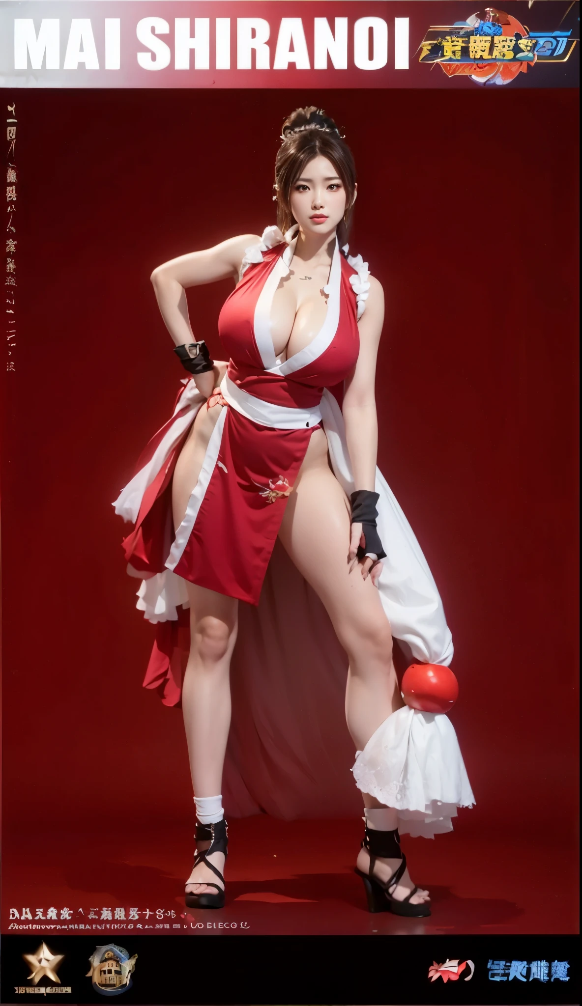 (((full body portrait，big breasts，perfect hands，Finger details)))Mai Shiranui，Wearing a tight-fitting battle suit，right hand holding a folding fan，Distinctive features；The picture combines modern and Japanese traditional art styles，Demonstrate mystery and power；Stunning visual effects，Contrasting colors，Mainly red and black，Passion and coldness intertwined；The picture is extremely sharp，The details are meticulous，High-quality；Clever light handling，Create a dramatic atmosphere；Master of brushstrokes，Impeccable professionalism，An unforgettable work of art。