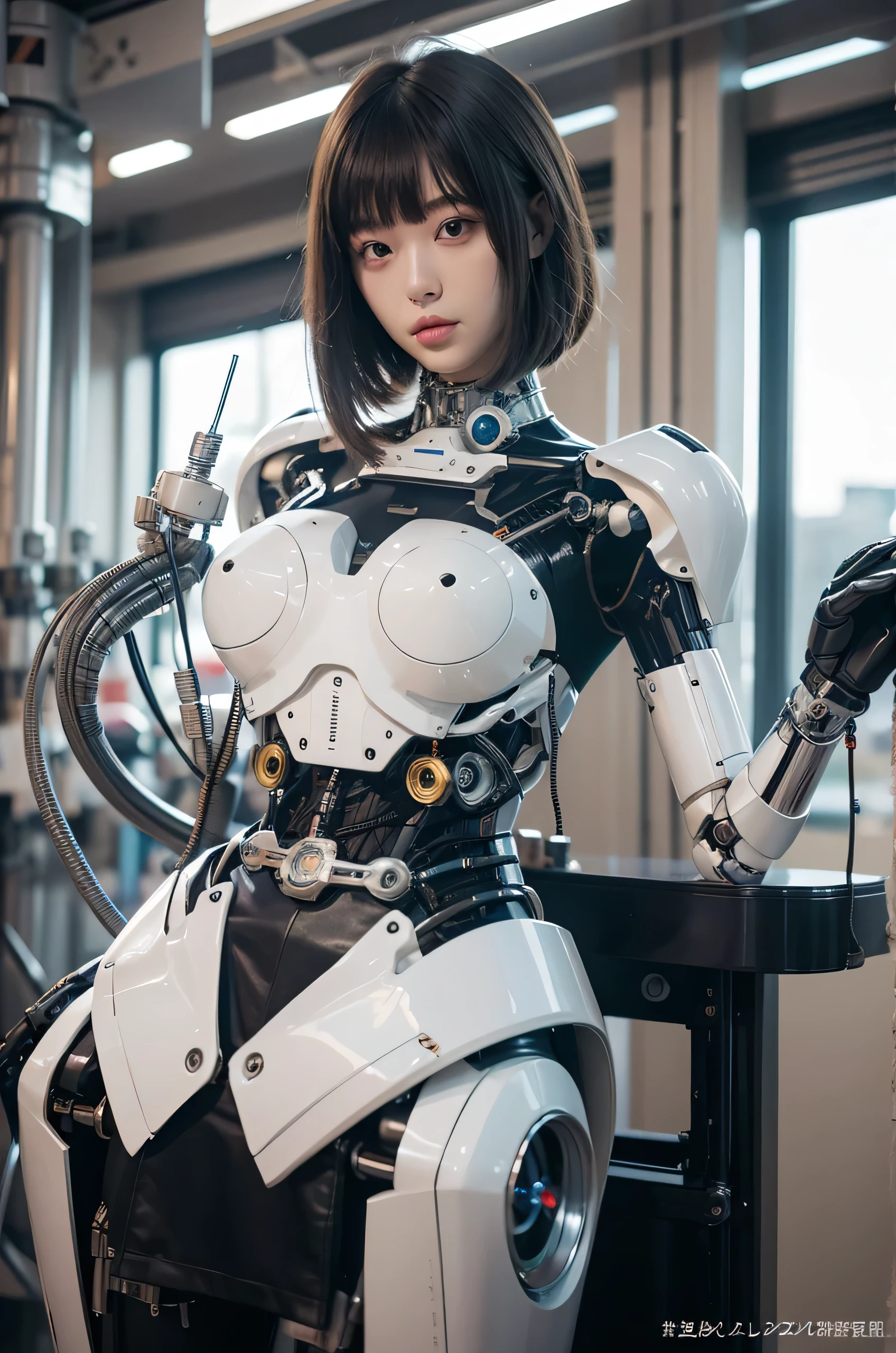 masterpiece, best quality, extremely detailed, Japaese android girl,Plump ,control panels,android,Droid,Mechanical Hand, Robot arms and legs,Blunt bangs,perfect robot girl,white robot body,mechanical neck,long tube,thick cable connected her neck,android,robot,humanoid,cyborg,japanese cyborg girl ,robot-assembly plant,She has assembled now,assembly scene,chest monitor,leather skirt,blue eyes, 