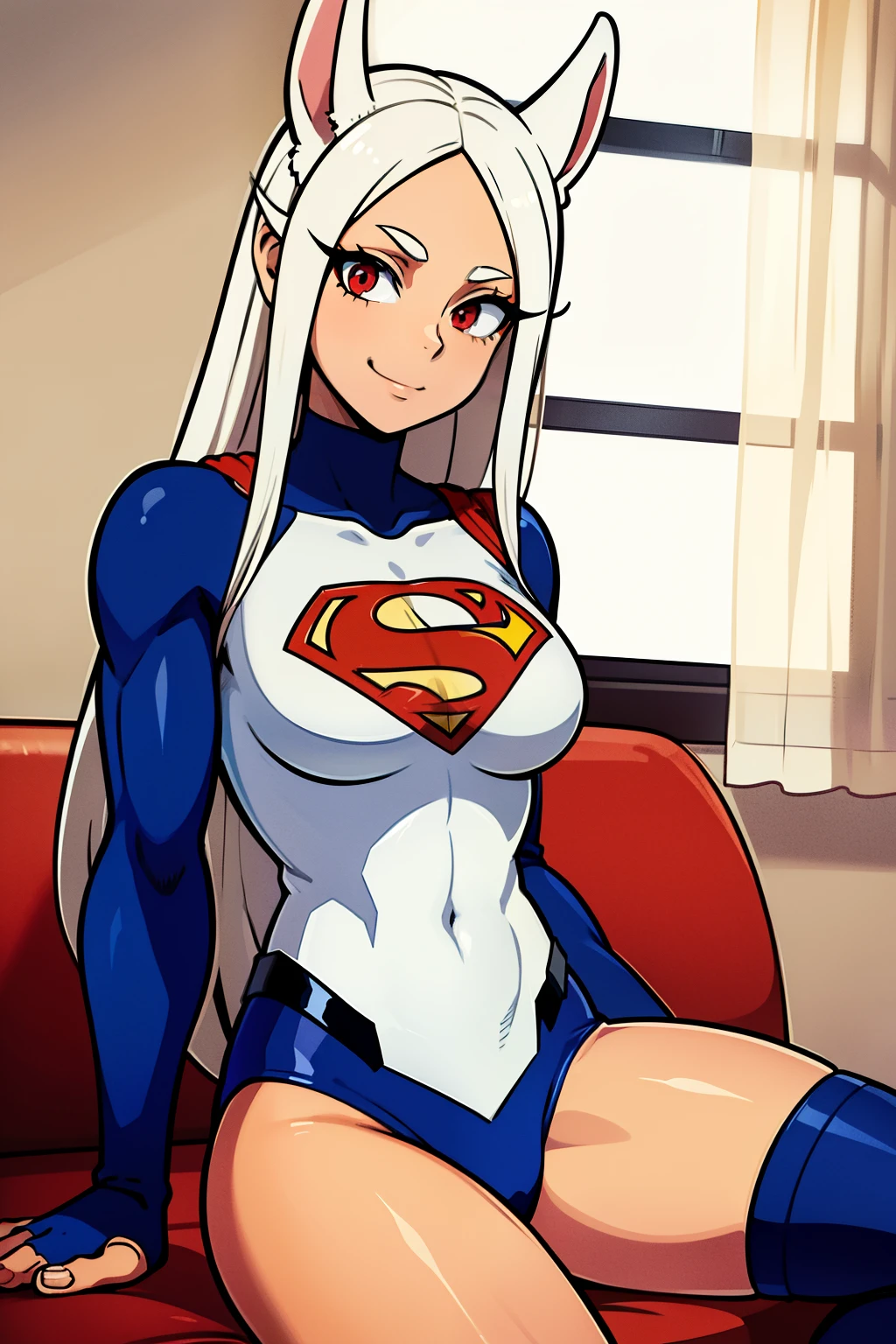 chicas lindas,ojos rojos redondos, cabello blanco、orejas de conejo,sexy、sonriendo,Peinado liso medio a largo、(tetas grandes,vestido de superman,traje de superman,En una casa de alquiler,sitting on the couch,Noche,estaba lloviendo afuera,Upper body is wet..,cuerpo entero,lleva un traje de superman,lleva un traje de superman,orejas de conejo,esta de pie,cuerpo entero