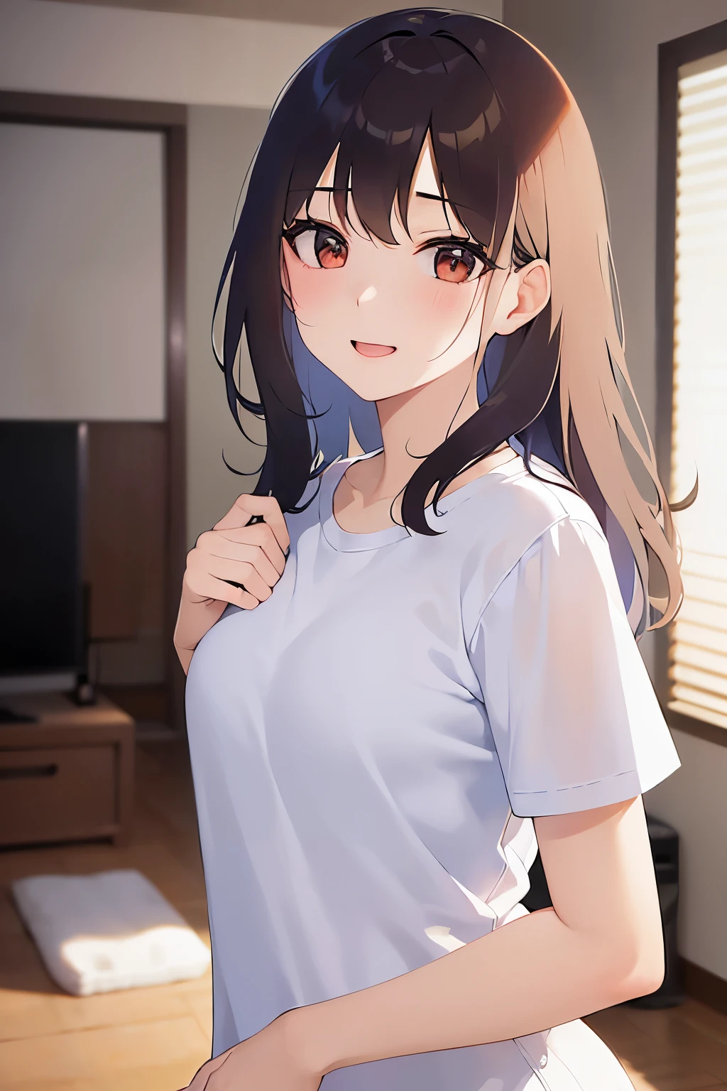 The whole body is shown、shirt tug、(shtug:1.5)、Realistic, real person, (pale skin: 1.2), RAW photo, photorealistic, portrait photography, shiny skin, japanese idol、shiny hair、(25 year old woman with medium hair with bangs) and (wavy hair) and (brown hair) and (orange eyes) , (plain white t-shirt :1.2) and (over size:1.2)、embarrassed、smile, , The background is the living room、Alone、Are standing