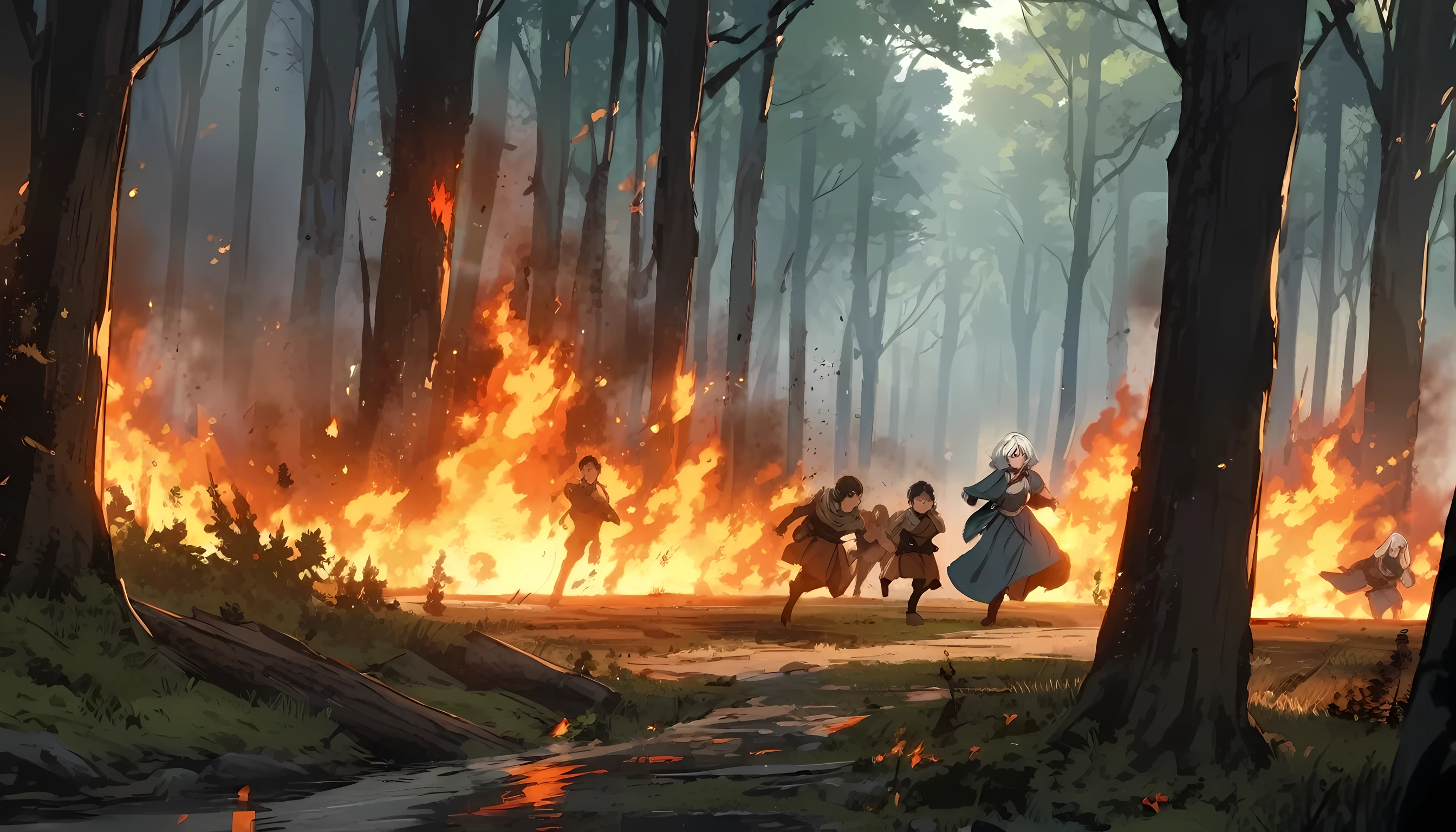 Wide shot of a commoner mother and a kid boy with white hair, blue eyes, pain, tired, fear, being chased by knights, forest, fire, blood