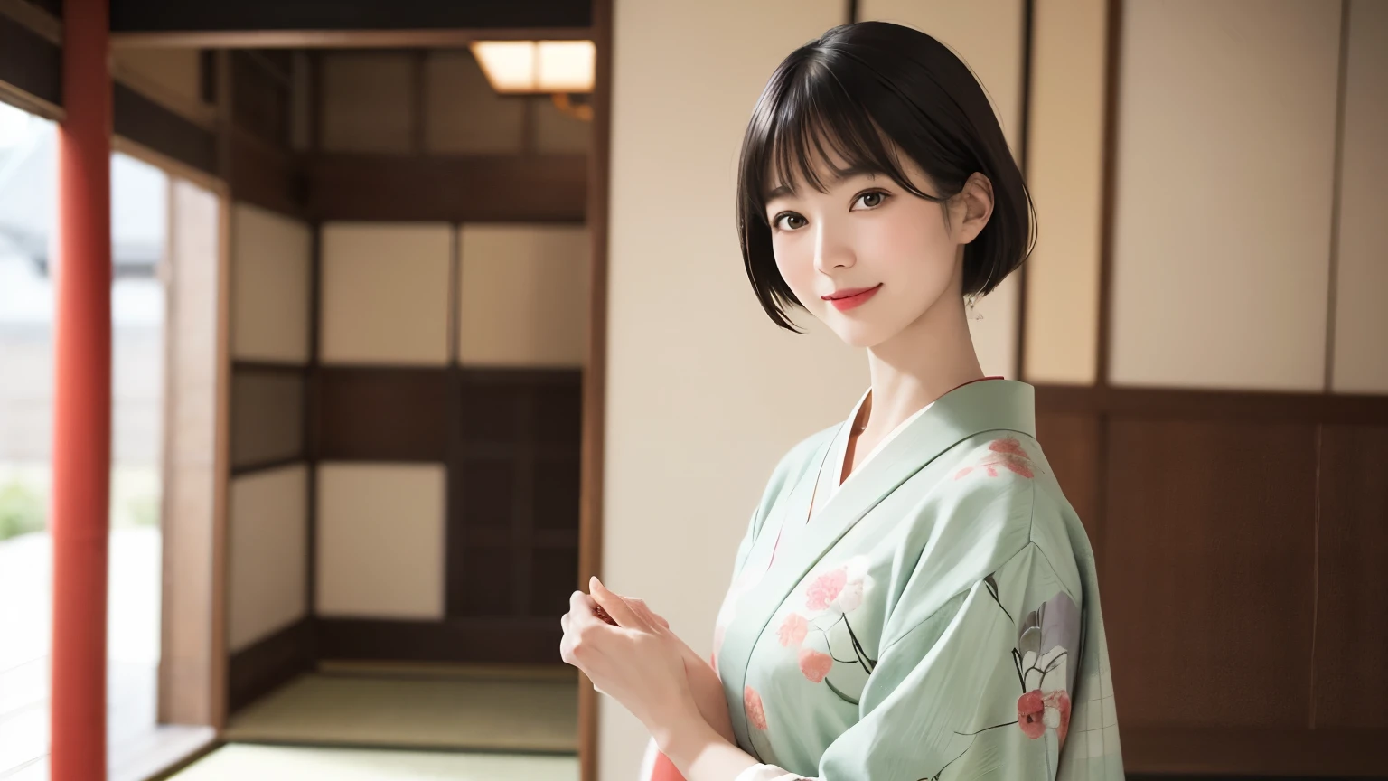 198 (snapdd00-Fp16), Japanese painting, woman, gentle smile, lipstick, short hair, Paintings by Shoen Uemura, Japanese style room, japanese architecture, Japanese garden