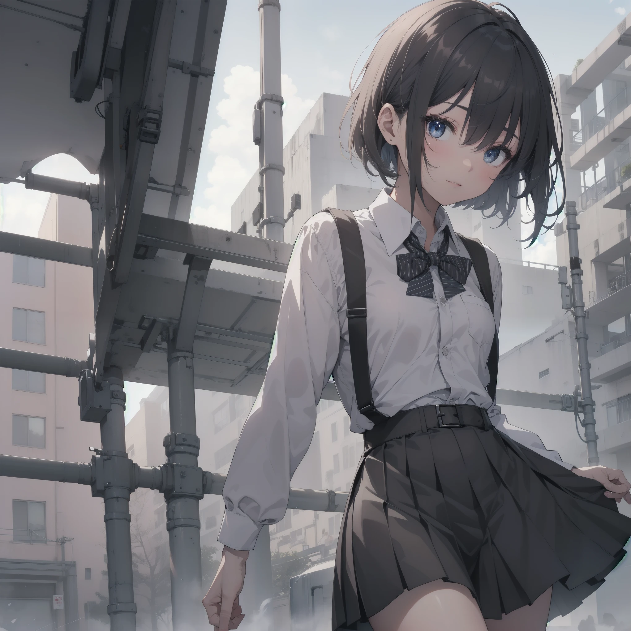 Academy、rooftop、blue sky、Ultra-highest quality by the art god, Super detailed, High resolution, anime moe art style, best anime 8K konachan wallpaper, Pixiv contest winners, perfect anatomy, (眠そうにalone学校へ行くgirlを描いてください. )、girl: (alone, woman, child,ears olimbs, full finger,Middle school students,ure body, (very short hair,boyish hair), flat chest, Because I'm slender, small ass, between legs, small black eyes, detailed and beautiful eyes, Well-proportioned iris and pupils, expressive eyes, High resolutionの詳細な髪, ribbon, skirt, collared shirt, Ascot, pleated skirt, , shirt, white shirt, school bag,(detailed lighting), (detailed background), On the way to school. break,super dense skin, Best lighting by famous artists, 8K, cute illustration,UHD, rough skin