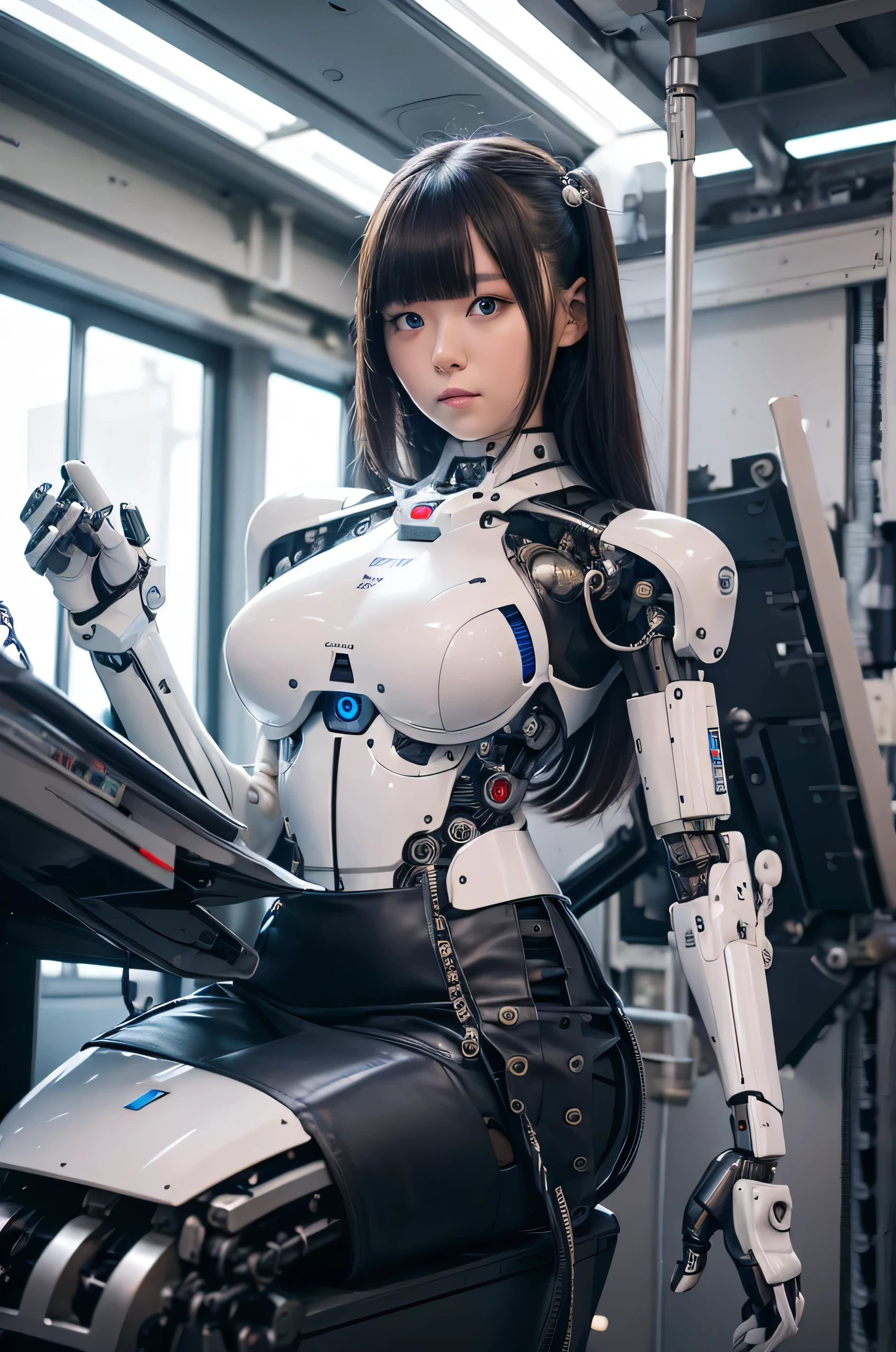 masterpiece, best quality, extremely detailed, Japaese android girl,Plump ,control panels,android,Droid,Mechanical Hand, Robot arms and legs,Blunt bangs,perfect robot girl,white robot body,mechanical neck,long tube,thick cable connected her neck,android,robot,humanoid,cyborg,japanese cyborg girl ,robot-assembly plant,She has assembled now,assembly scene,chest monitor,leather skirt,blue eyes, 