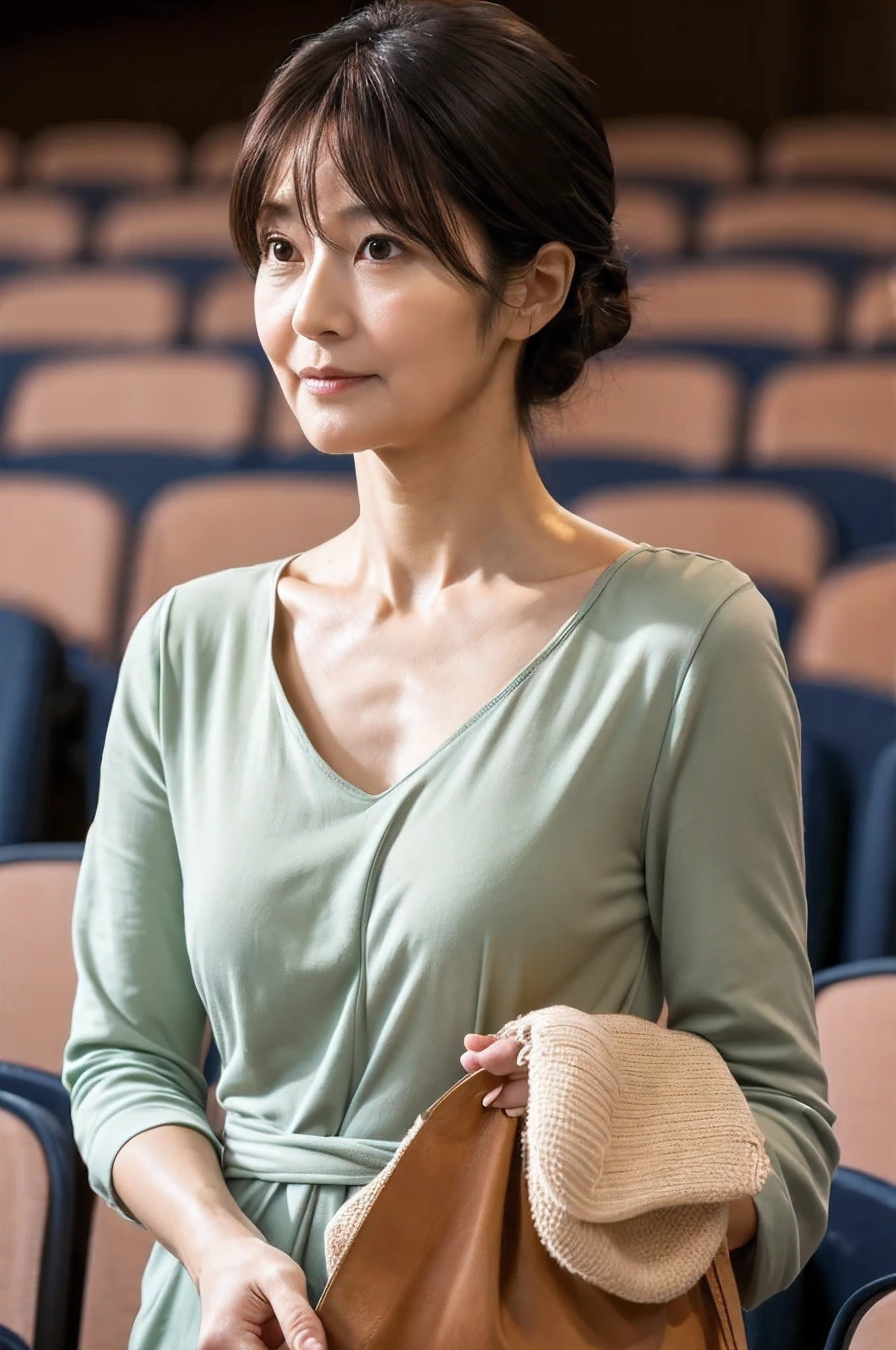 highest quality, masterpiece, 8K, realistic, High resolution, detailed face, fine eyes, japanese woman, 40 years old, cute face, toned body shape, thin waist, ((view audience)), A little messy hairstyle, tight v neck shirt, plain background、Holding a bag in his hand、