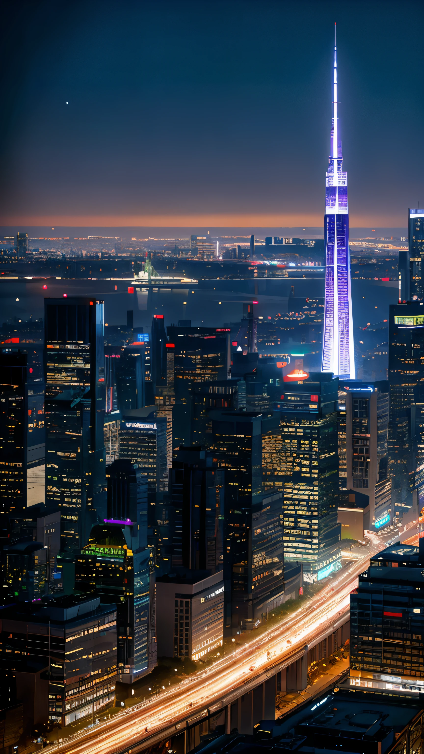 best quality: 1.2, Ultra-realistic, photorealistic: 1.37, 8K, maximum resolution, high definition, masterpiece: 1.2, meticulously detailed, modern, technological cityscape: 1.2,

4K, ultra-detailed, best quality, realistic,
photorealistic depiction of a thriving metropolis under the cover of night,
neon lights casting dynamic and shimmering reflections off glass and steel structures,
high-rise buildings and towering skyscrapers reaching for the sky,
express highway articulated with intricate detail and movement,
Metro Train weaving through the