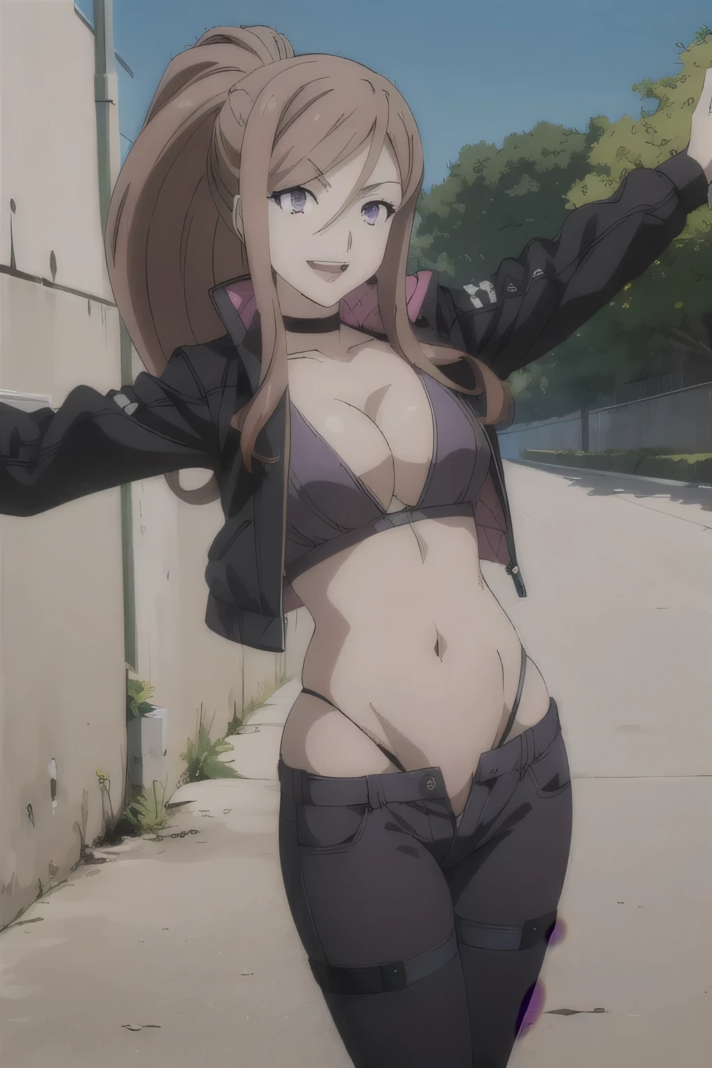 , (anime:1.4), 1girl, solo, claudia_synduality_noir, brown hair, purple eyes, , ponytail, masterpiece, best quality, highly detailed, a girls with a gun, evil smile , open mouth, sexy gaze, badass
pose , evil smile, smile, (nsfw) not safe for work, guns blazing, anime girl with long hair, beautiful long
haired girl, navel, evil expression, exposed belly, exposed navel, exposed midriff, exposed lower belly,
long black pants, crop top, cleavage, unbuttoned leather pants ,open fly, low rise black leather pants,
leather jacket, holding a gun, outdoor,street,road, , lipstick,open arms sideway, arms T-pose, smirk, standing, anime girl T posing