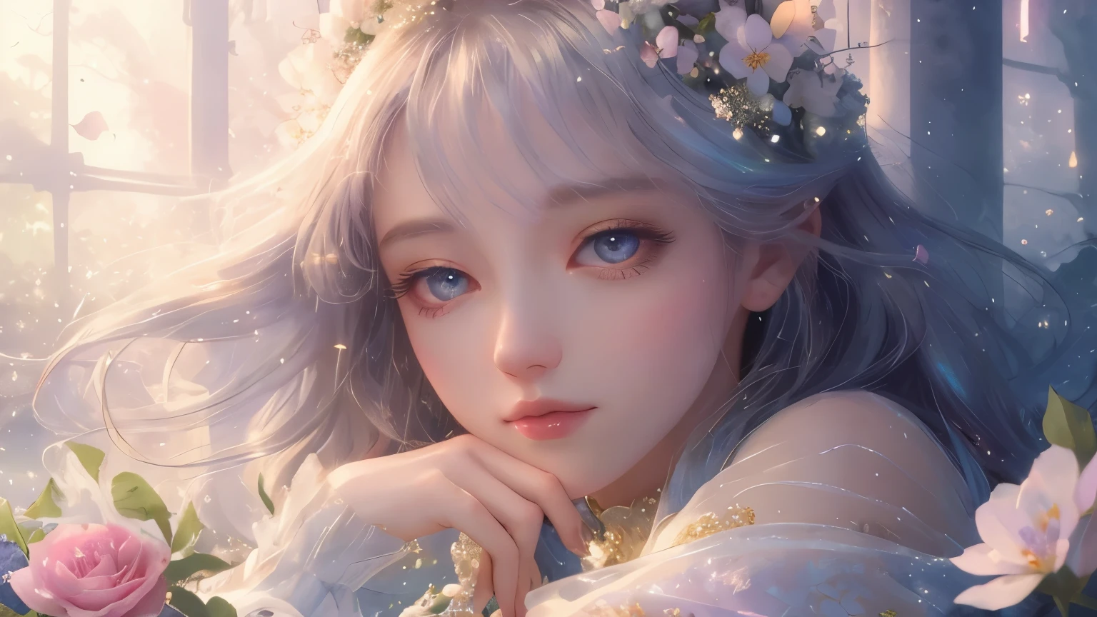 (high quality, 8K), (soft light), iridescent, a girl, Detailed face, narrow eyes, watercolor paiting, So magical and dreamy, Dreamy and detailed, dreamy atmosphereとドラマ, gorgeous atmosphere, dreamy beautiful lights, dreamy atmosphere, beautiful atmosphere, dreamy and romantic, Dreamy fantasy theme, magical atmosphere, beautiful atmosphere, anime background art, magical atmosphere + on the table, Dreamy aesthetics, Exquisite details and grandeur, many flowers, bubble, water, garden