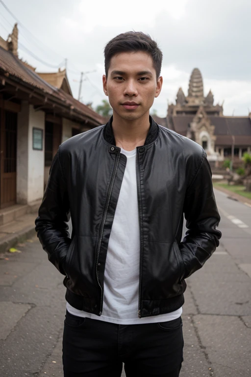 1 man, young, 30 years old, wearing a leather jacket, is in Cambodia