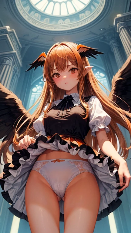(masterpiece, highest quality), one girl, showing off panties, white panties, cameltoe, (((lift the skirt by self))), from below, standing, look of contempt, (((a pair of black wings))), several tiny ghosts, ((orange and brown gradient dress)), (in castle), ((light blue long hair)),