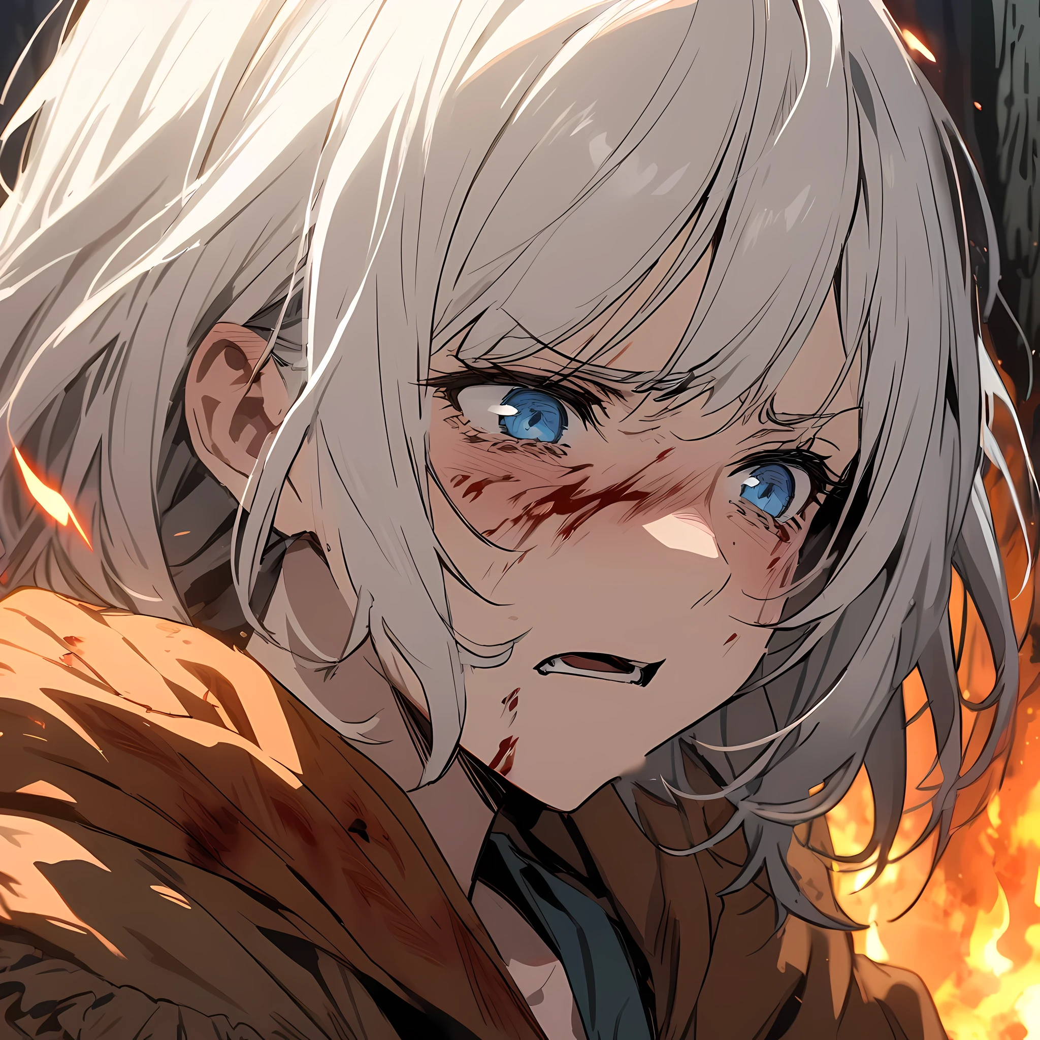 Close up shot of a commoner mother white hair, blue eyes, pain, tired, fear,  forest, fire, blood