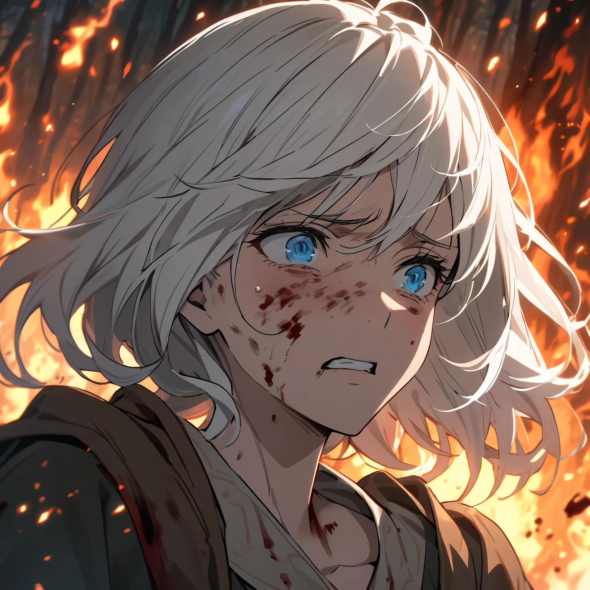 Close up shot of a commoner mother white hair, blue eyes, pain, tired, fear, forest, fire, blood