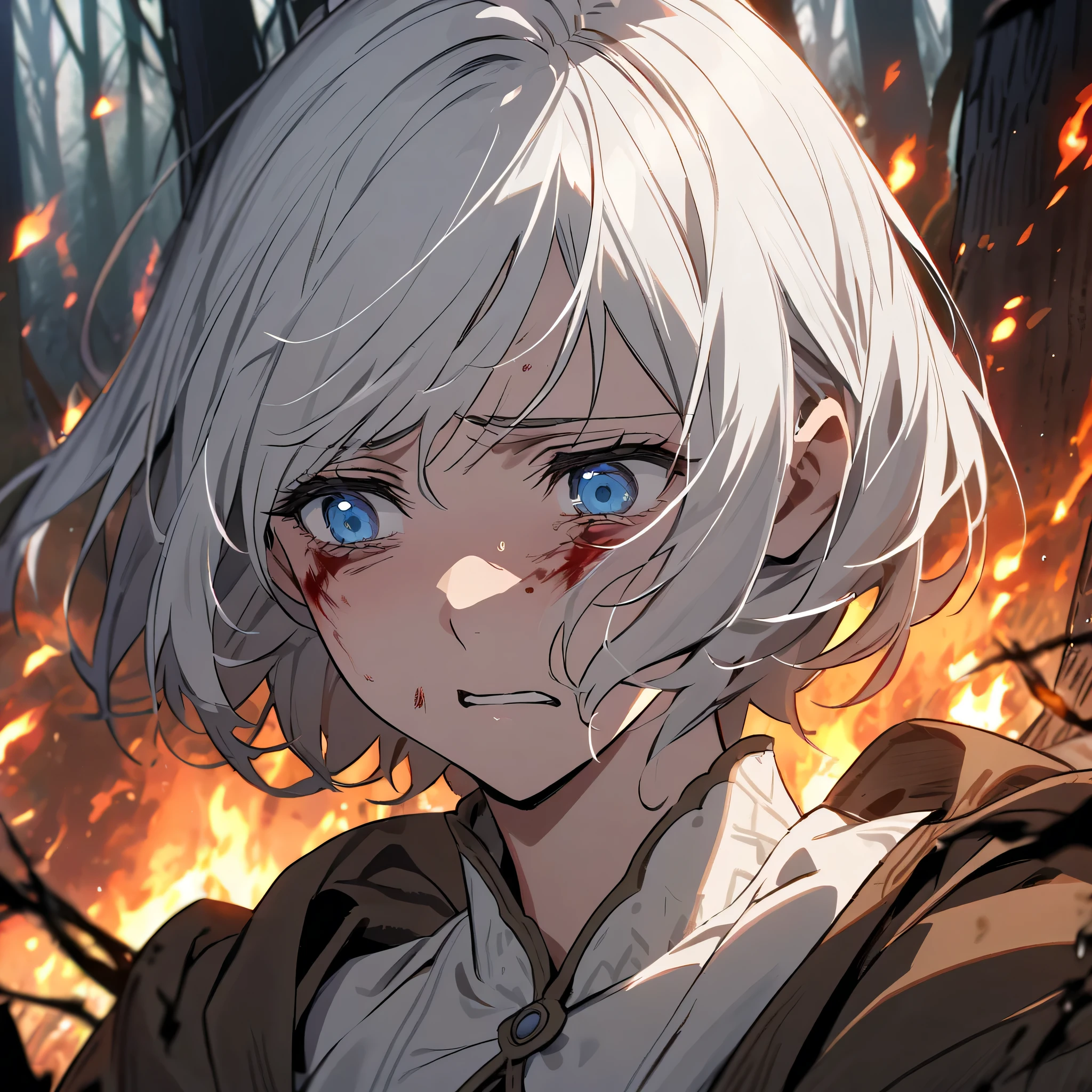 Close up shot of a commoner mother white hair, blue eyes, pain, tired, fear, forest, fire, blood