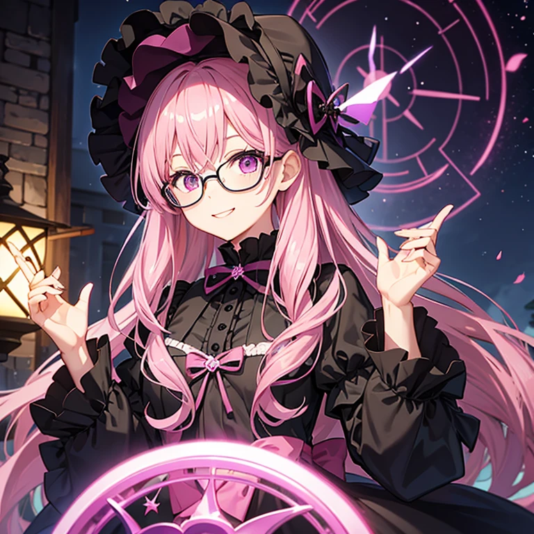pink hair、glasses、Purple glowing eyes、black lolita dress、Black bonnet、outdoor、smile at the camera、