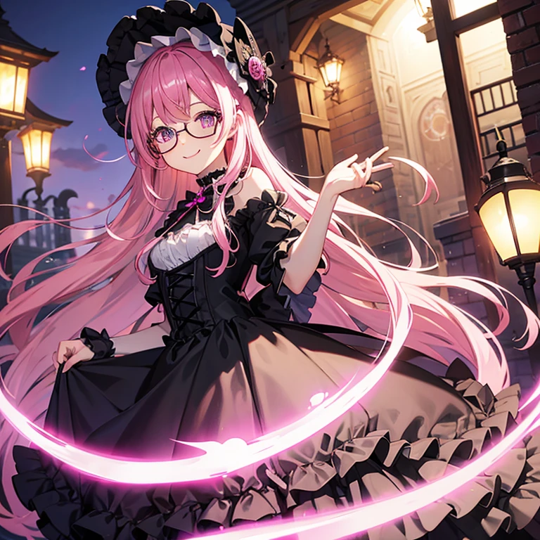 pink hair、glasses、Purple glowing eyes、black lolita dress、Black bonnet、outdoor、smile at the camera、