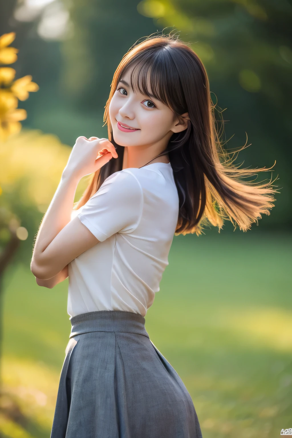 (8k, RAW photo, highest quality, masterpiece: 1.2), (realistic, photorealistic: 1.37), Super detailed, ultra high resolution, one girl, Beholder, beautiful and detailed face, smile, narrow, (slim waist: 1.3), shirt, Fine and beautiful skin, skin texture, floating hair, professional lighting, Medium chest, gentle eyes、gray flared skirt、super mini skirt、body silhouette、Cool and beautiful woman in her 20s、Turn around and do a sexy pose、A full-body cut where your skirt flutters in the wind as you turn around.