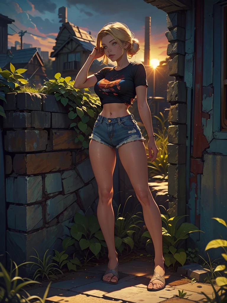2076 year. The Urban Ruins of the Wasteland, Female huntress picking fruit in the garden, beautiful face, blonde, badly torn shirt and denim shorts ,  long legs, sweating through, sun rising, Nice warm colors, head to toe full body shot