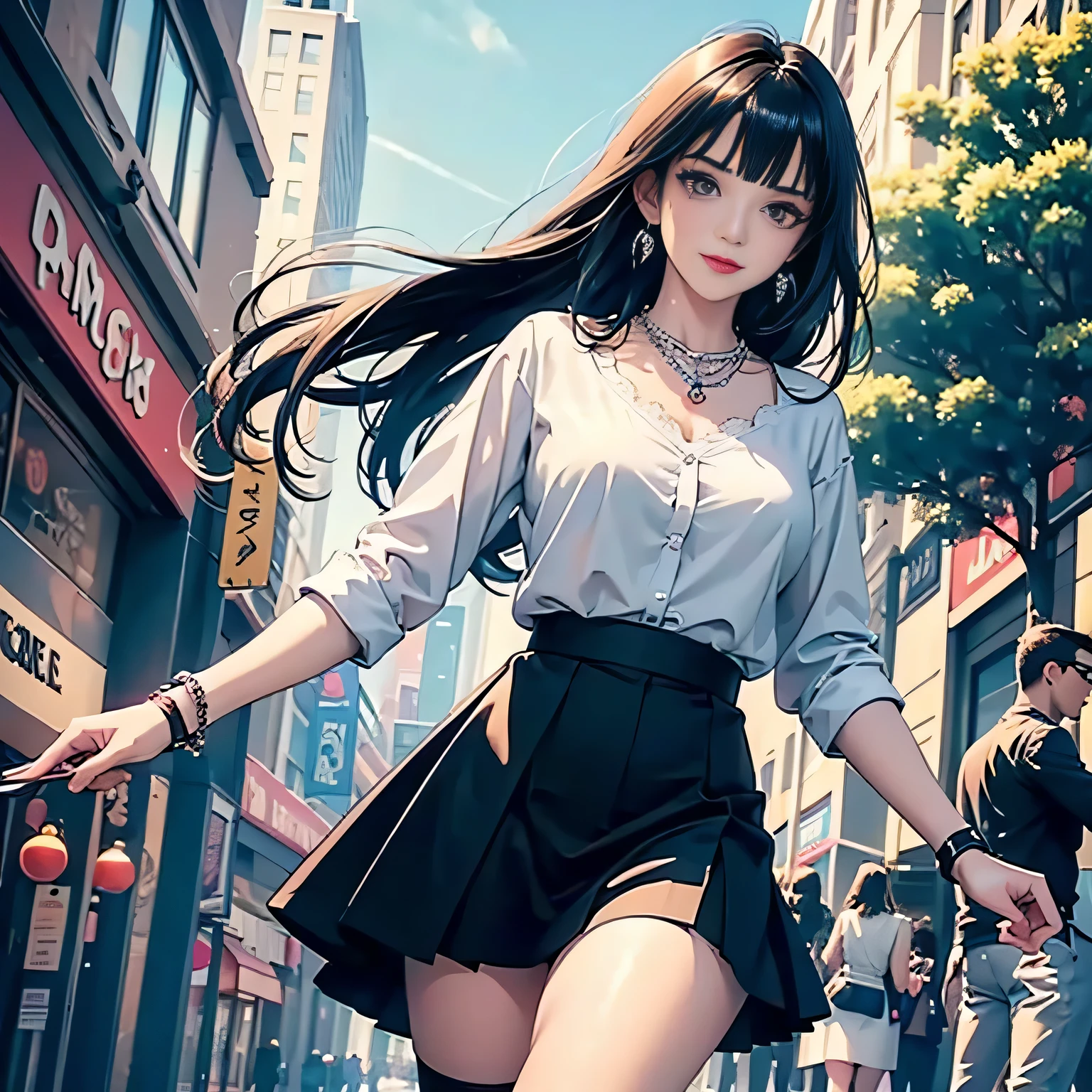 low angle,from below,((masterpiece, highest resolution,best quality)), (beautiful illustration), ((1girl,cute,young,semi long beautiful black hair,blunt bangs,beautiful eyes)),(solo),(beautiful elegant office blouse and black skirt),(walking around the shopping mall),
innocent smile, white over-kneehighs,Lace chalker, wristband, fingerless gloves, over-kneehighs,
Lace chalker, diamond necklace,wristband, fingerless gloves, earrings, cinematic lighting, windy,shopping mall,big city,busy street,day,blue sky,flowers and trees,crowded,